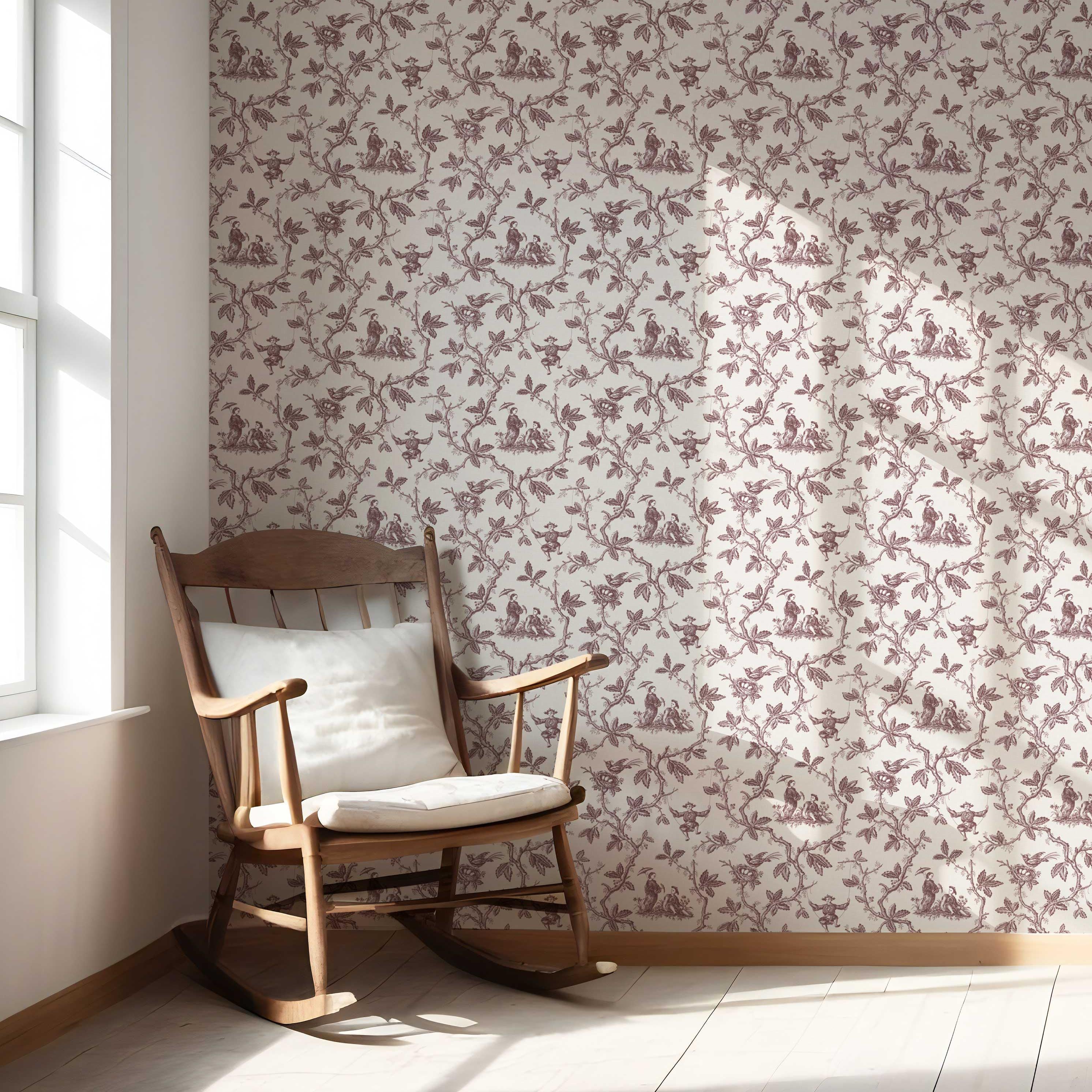 Floral Toile de Jouy Nursery Wallpaper (Brick Red/ Deep Pink)