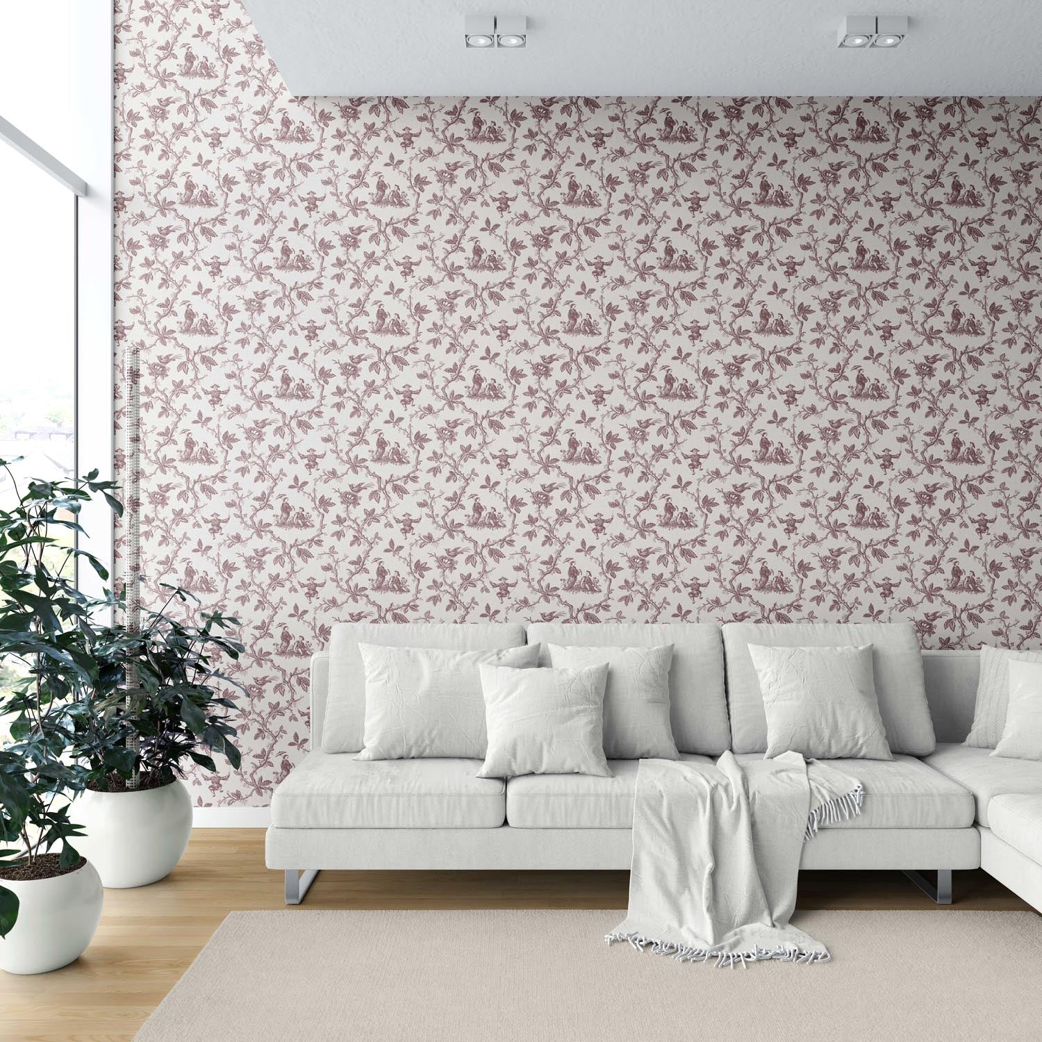 Floral Toile de Jouy Shower Toilet Wallpaper (Brick Red/ Deep Pink)