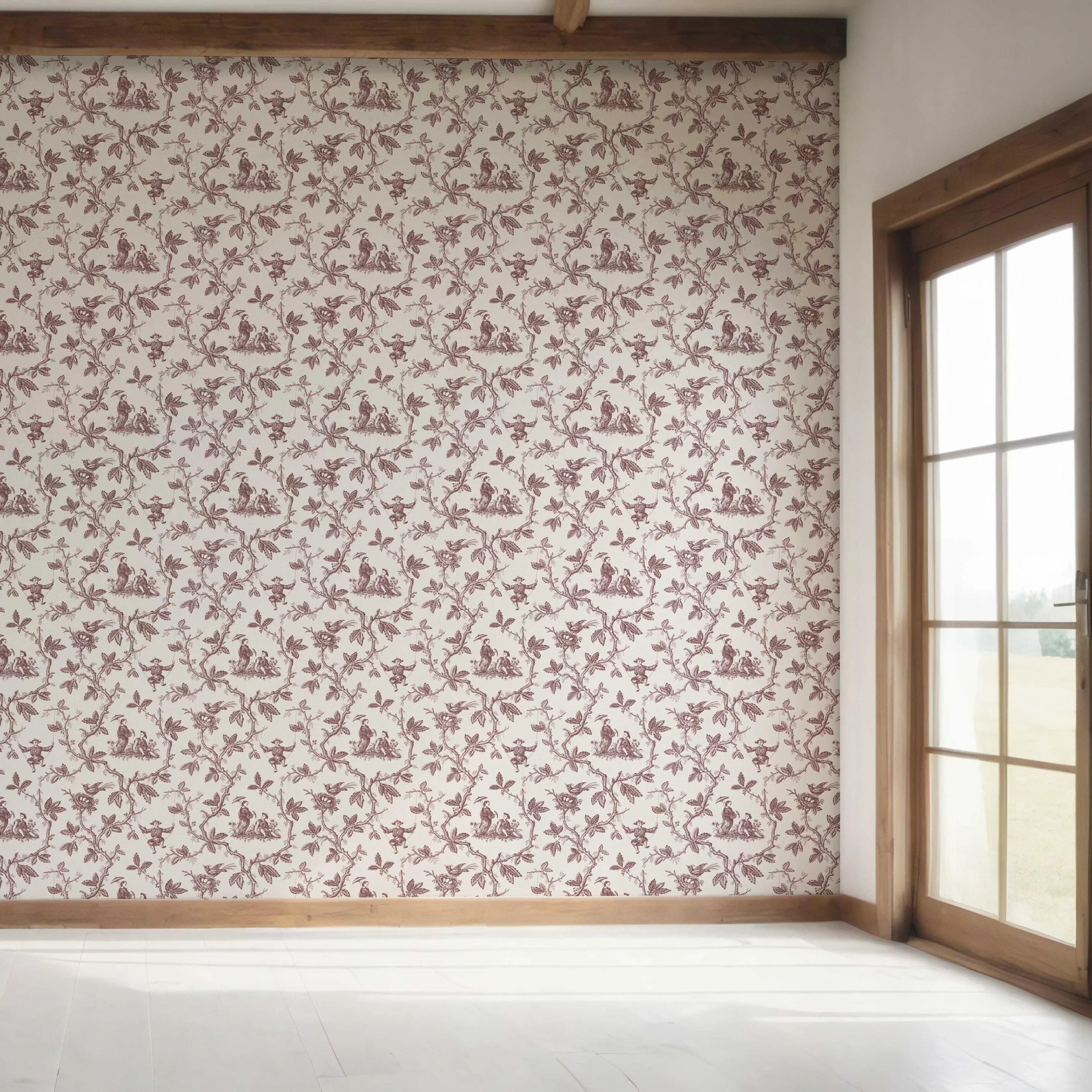 Floral Toile de Jouy Bedroom Wallpaper (Brick Red/ Deep Pink)