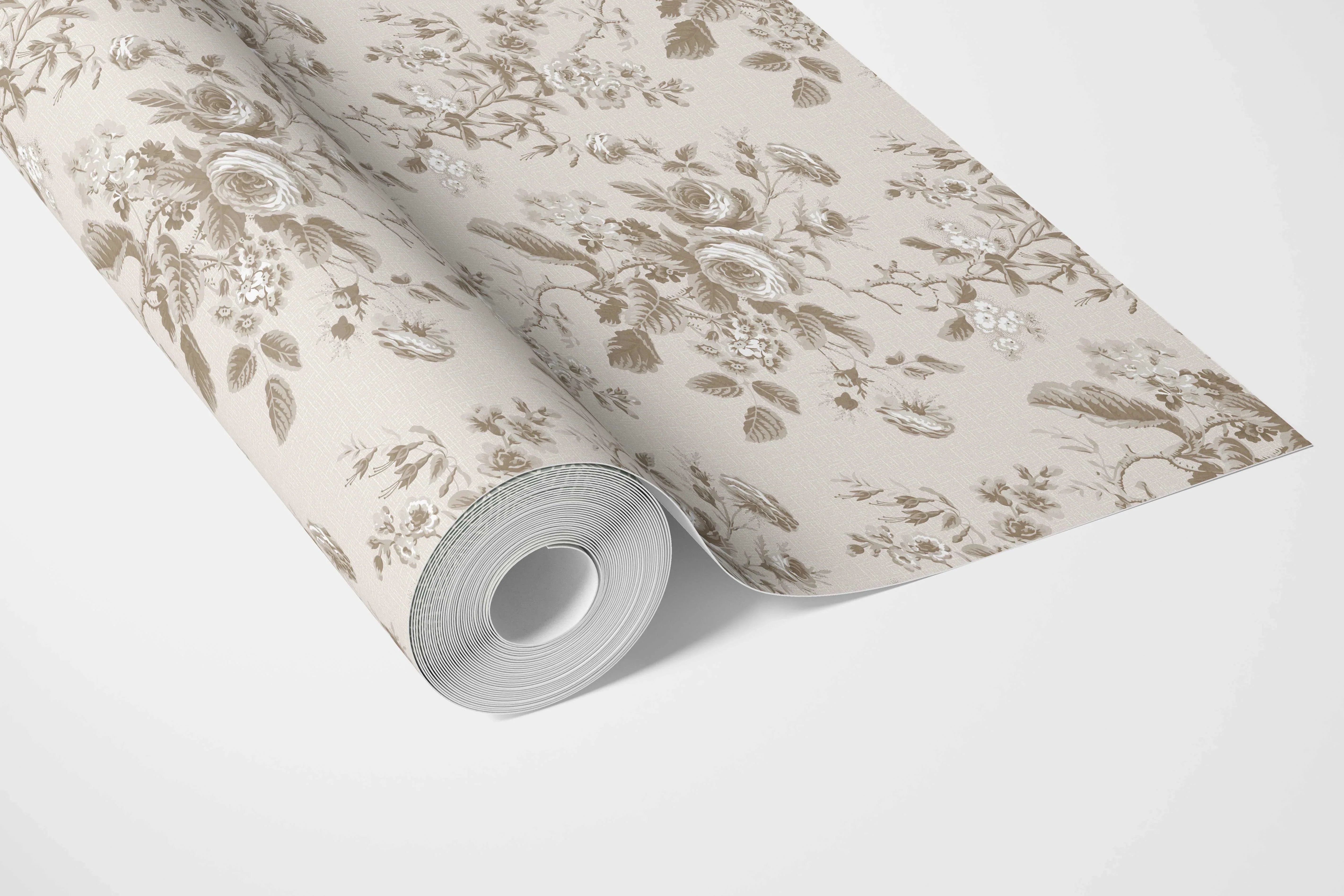 Vintage-Inspired Floral Toile/ Botanical Bathroom Wallpaper Sample (Beige/ Brown/ Taupe)