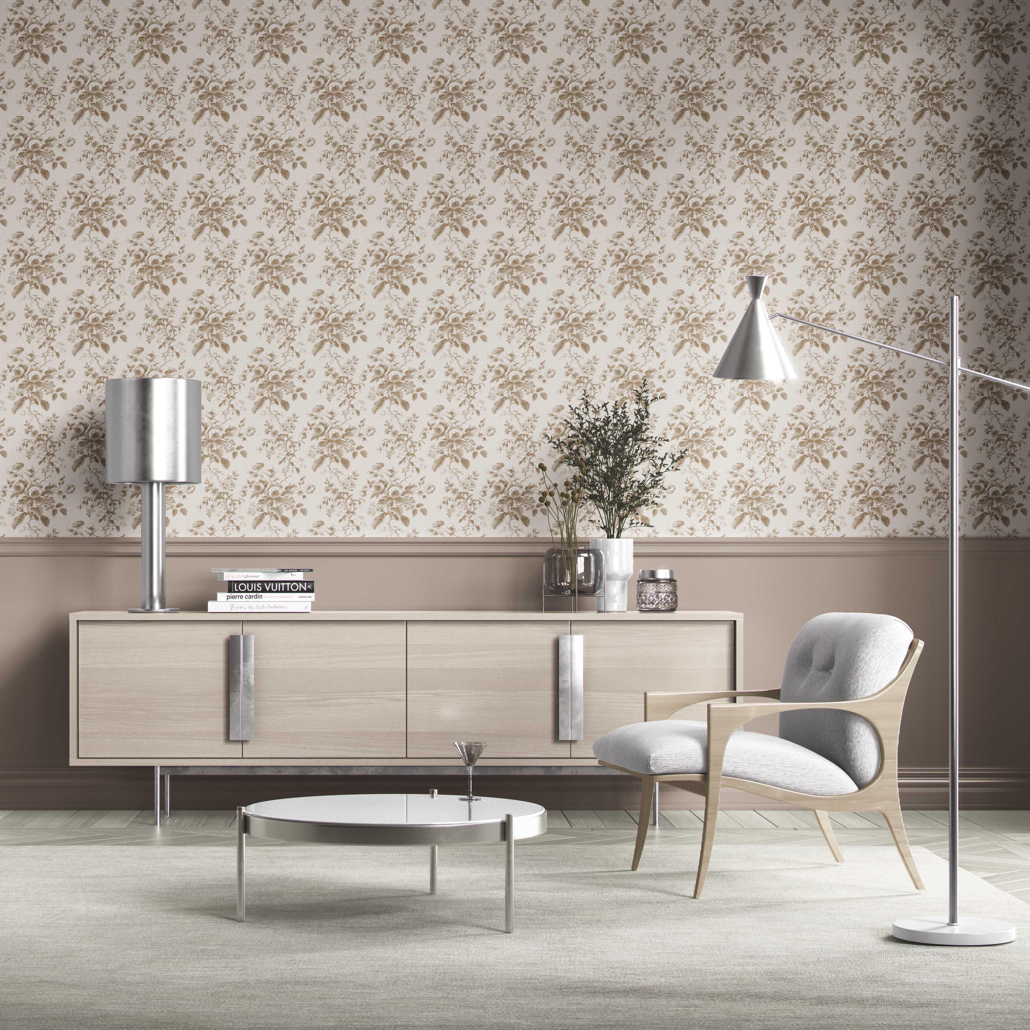 Vintage-Inspired Floral Toile/ Botanical Kitchen Wallpaper Sample (Light Brown/ Beige/ Taupe)