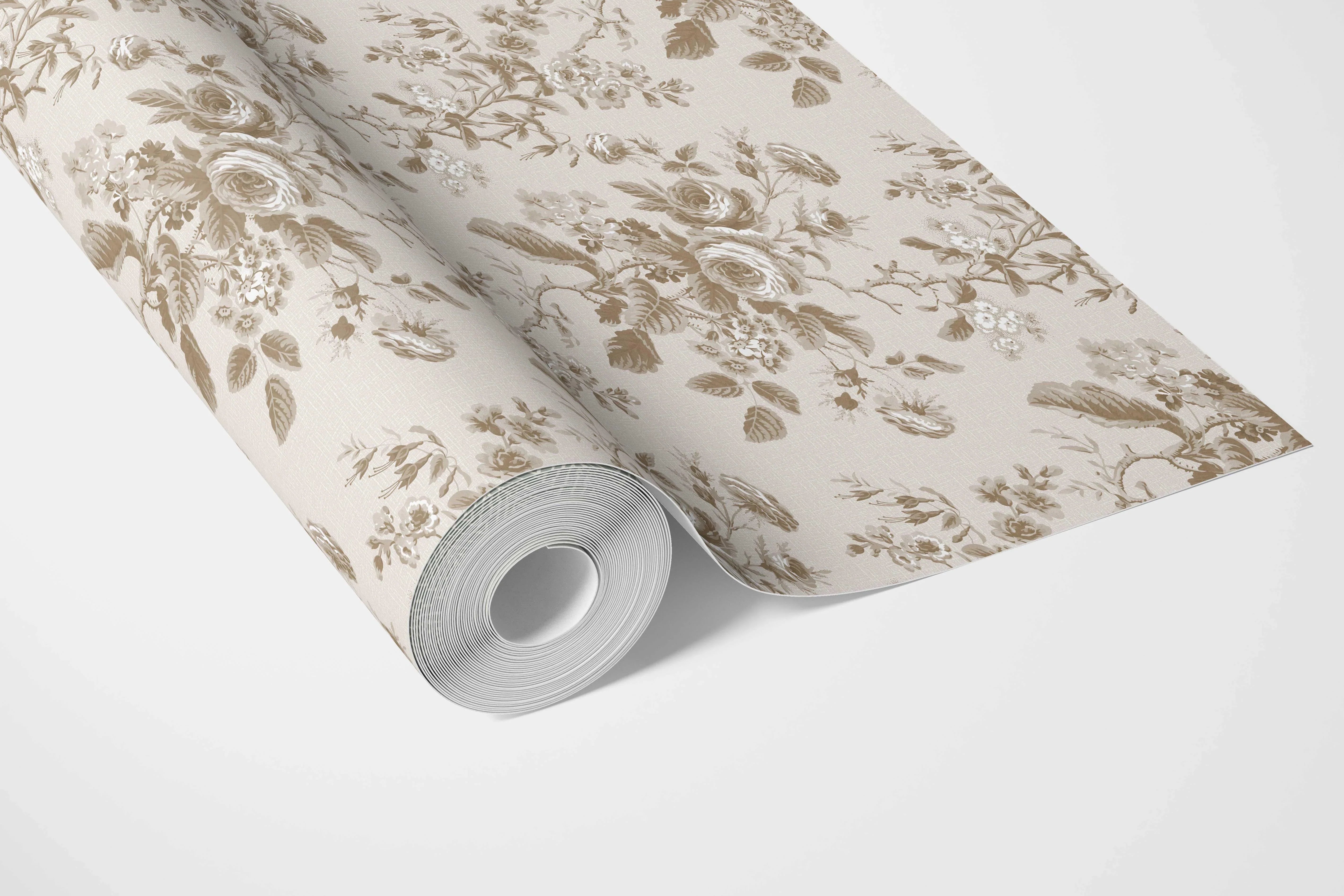 Vintage-Inspired Floral Toile/ Botanical Bathroom Wallpaper Sample (Light Brown/ Beige/ Taupe)