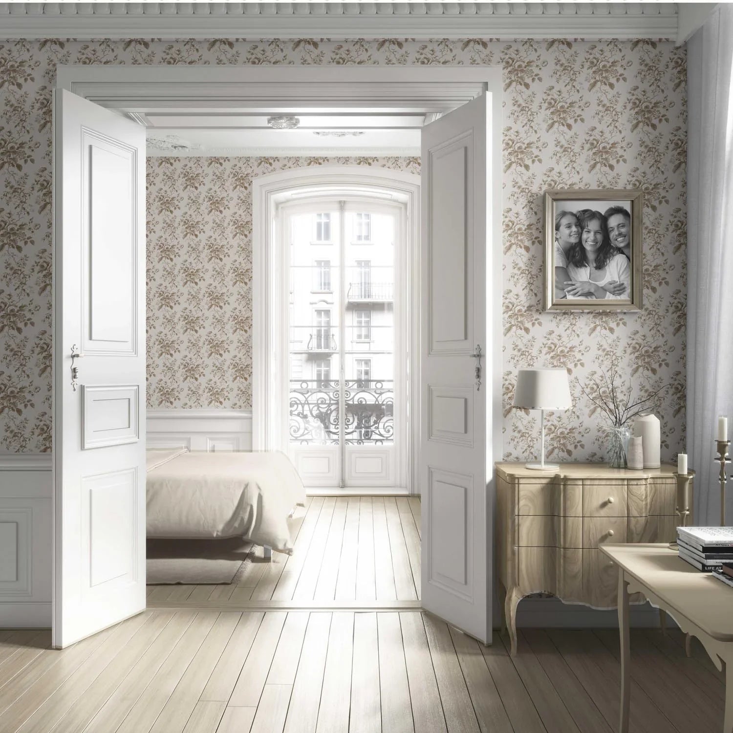 Vintage-Inspired Floral Toile/ Botanical Living Room Wallpaper Sample (Light Brown/ Beige/ Taupe)