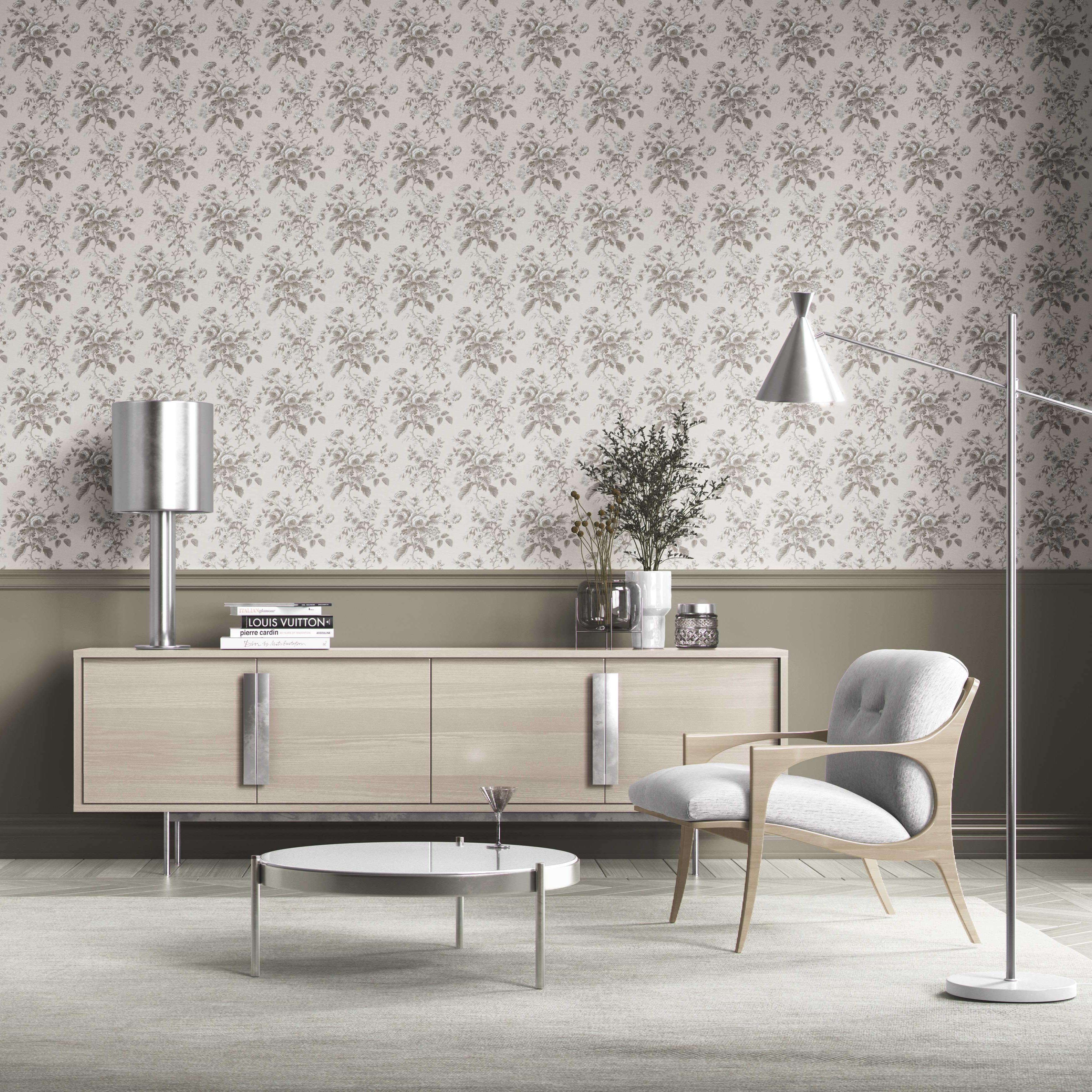 Vintage-Inspired Floral Toile/ Botanical Kitchen Wallpaper (Warm Gray/ Greige)