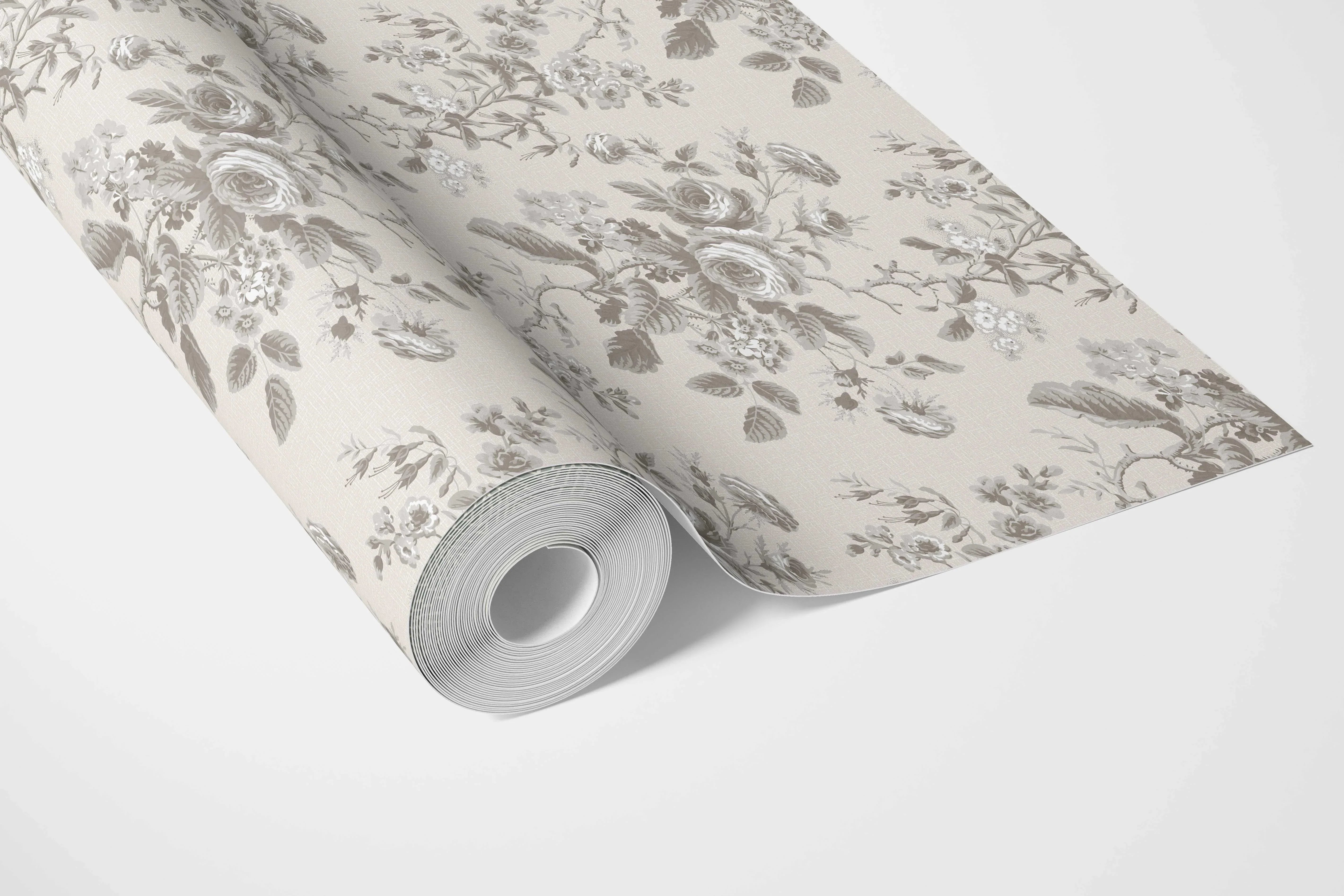 Vintage-Inspired Floral Toile/ Botanical Bathroom Wallpaper Sample (Warm Gray/ Greige)