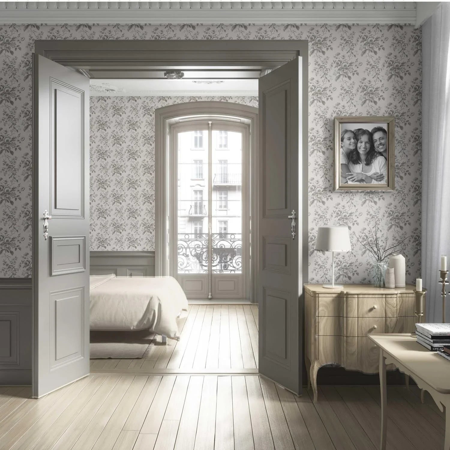 Vintage-Inspired Floral Toile/ Botanical Living Room Wallpaper Sample (Warm Gray/ Greige)