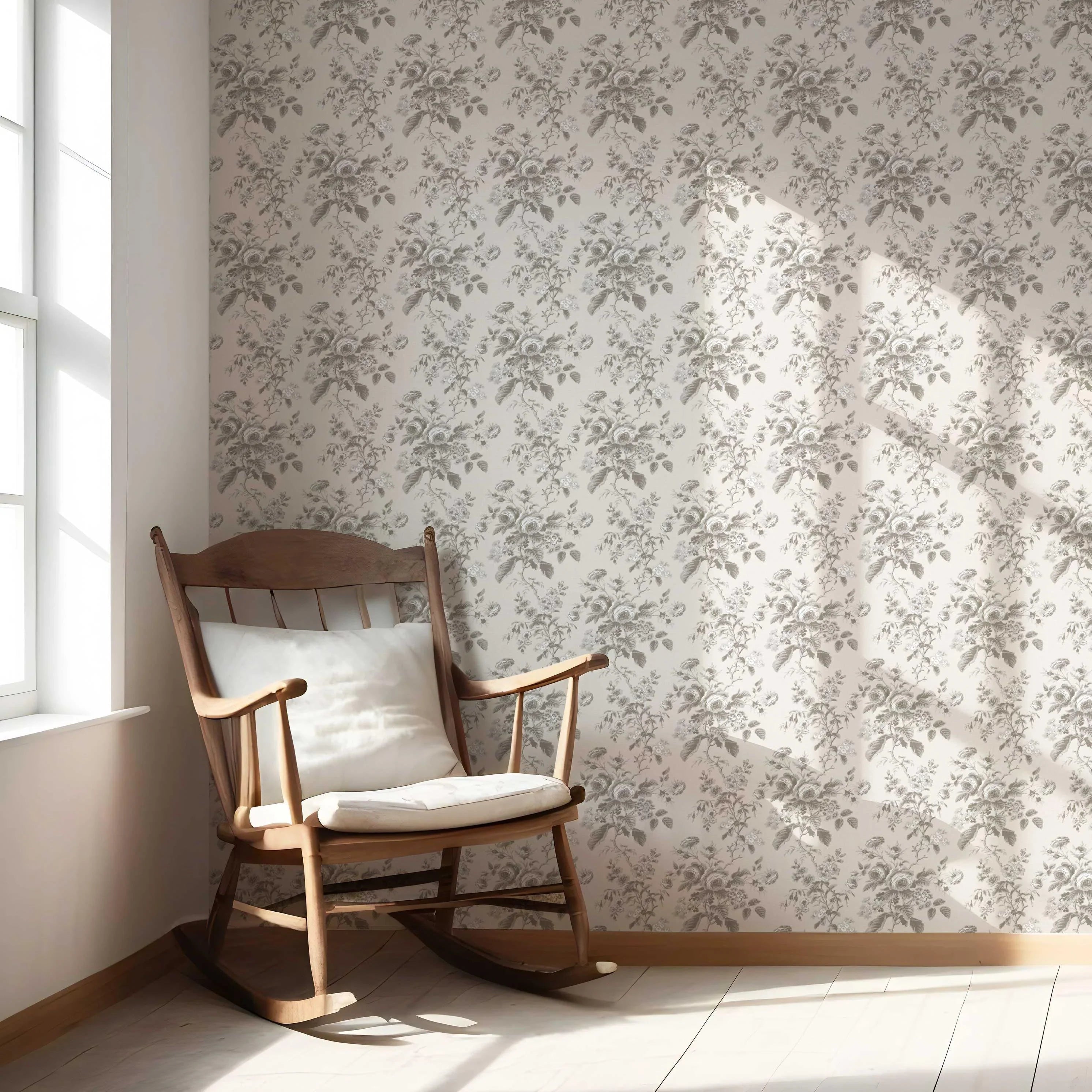 Vintage-Inspired Floral Toile/ Botanical Nursery Wallpaper Sample (Warm Gray/ Greige)