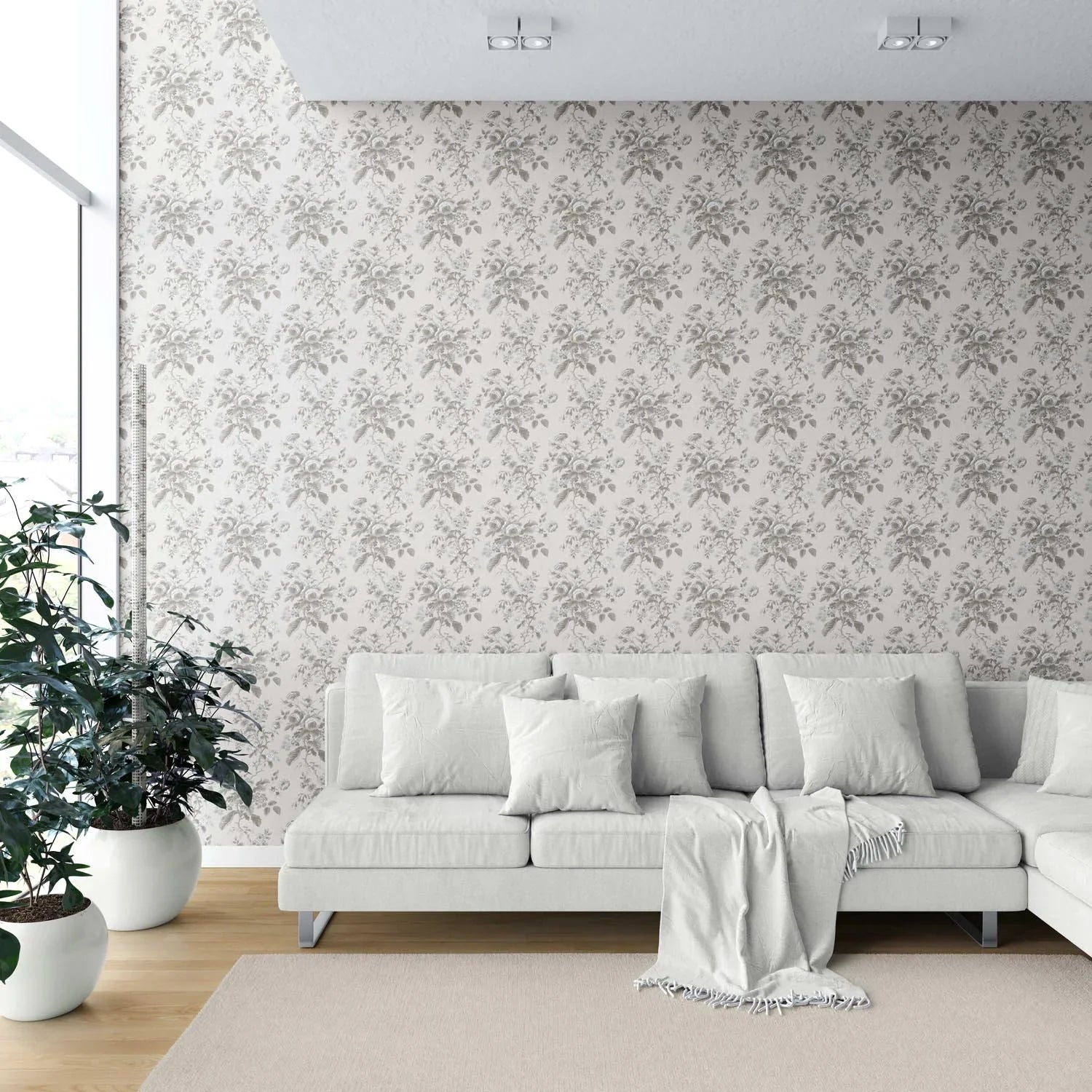 Vintage-Inspired Floral Toile/ Botanical Shower Toilet Wallpaper Sample (Warm Gray/ Greige)