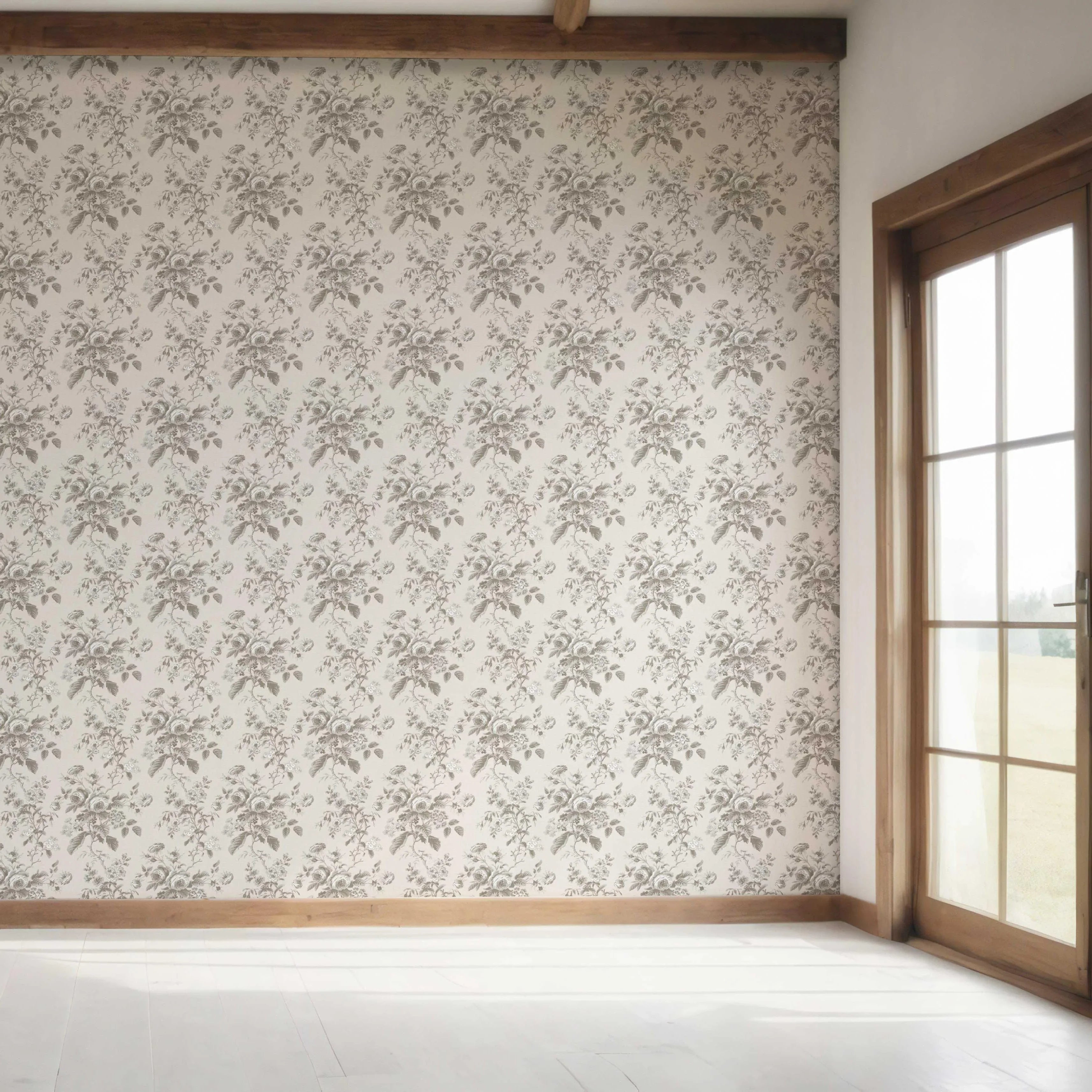 Vintage-Inspired Floral Toile/ Botanical Bedroom Wallpaper (Warm Gray/ Greige)
