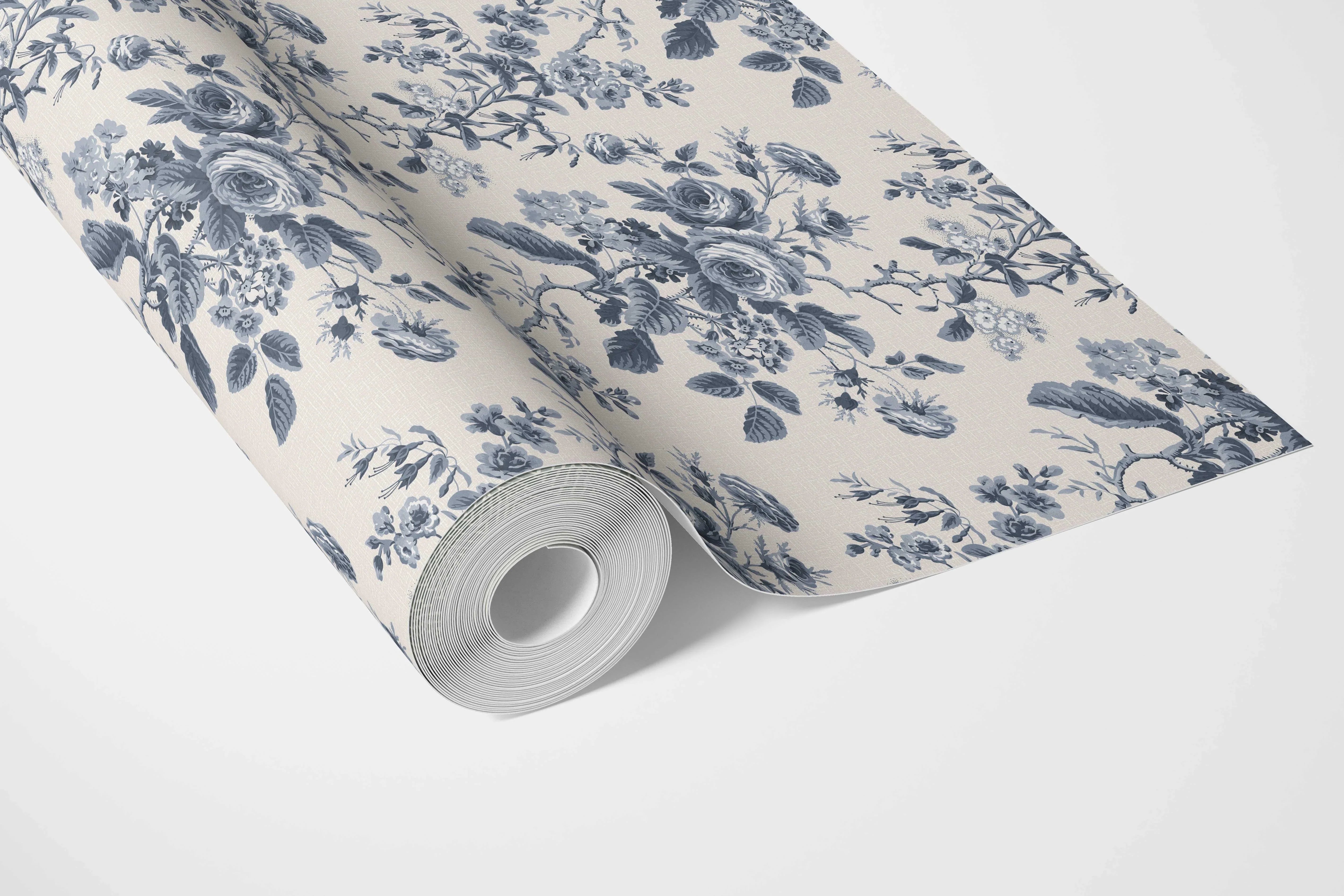 Vintage-Inspired Floral Toile/ Botanical Bathroom Wallpaper (Vintage Blue/ Slate Blue)
