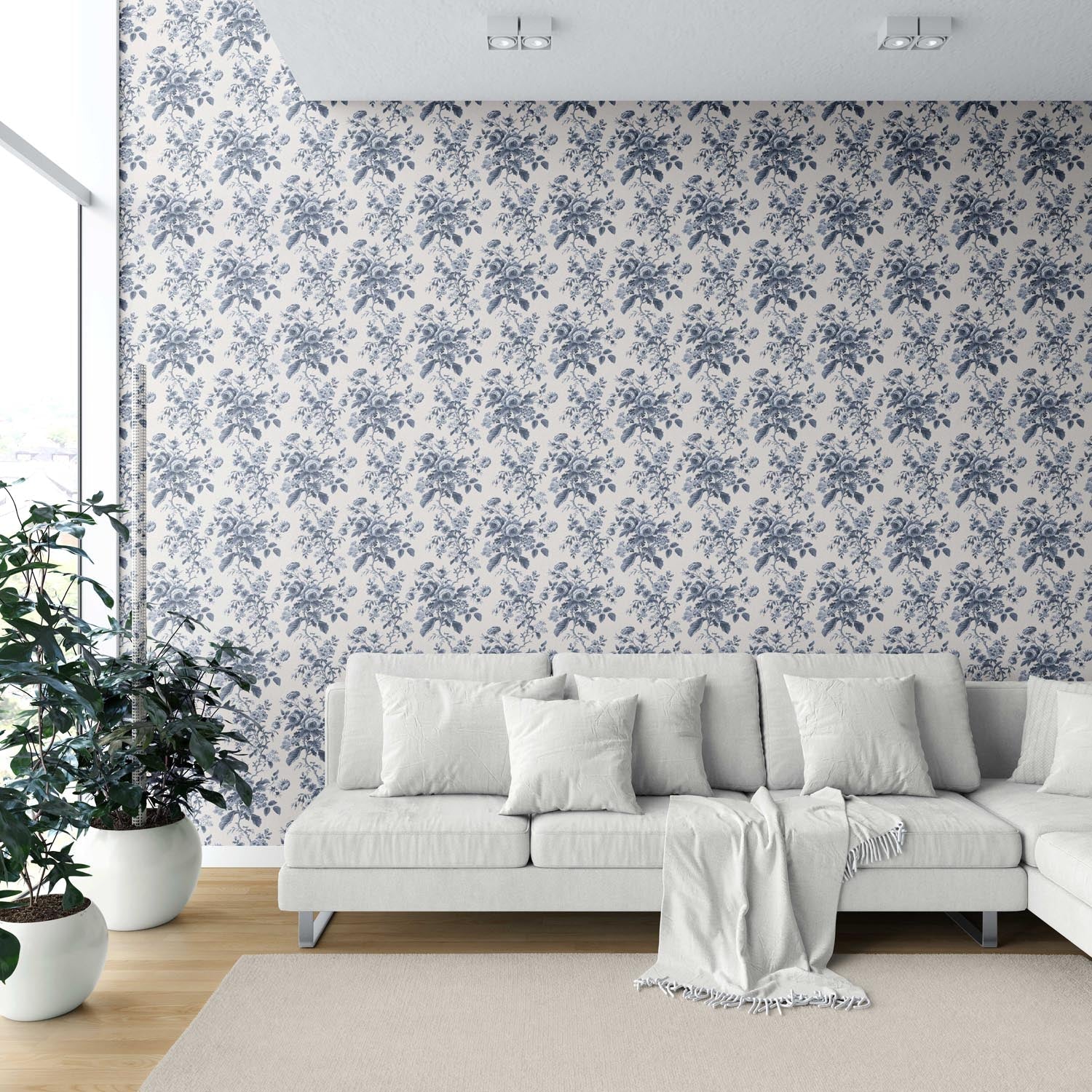Vintage-Inspired Floral Toile/ Botanical Shower Toilet Wallpaper Sample (Vintage Blue/ Slate Blue)