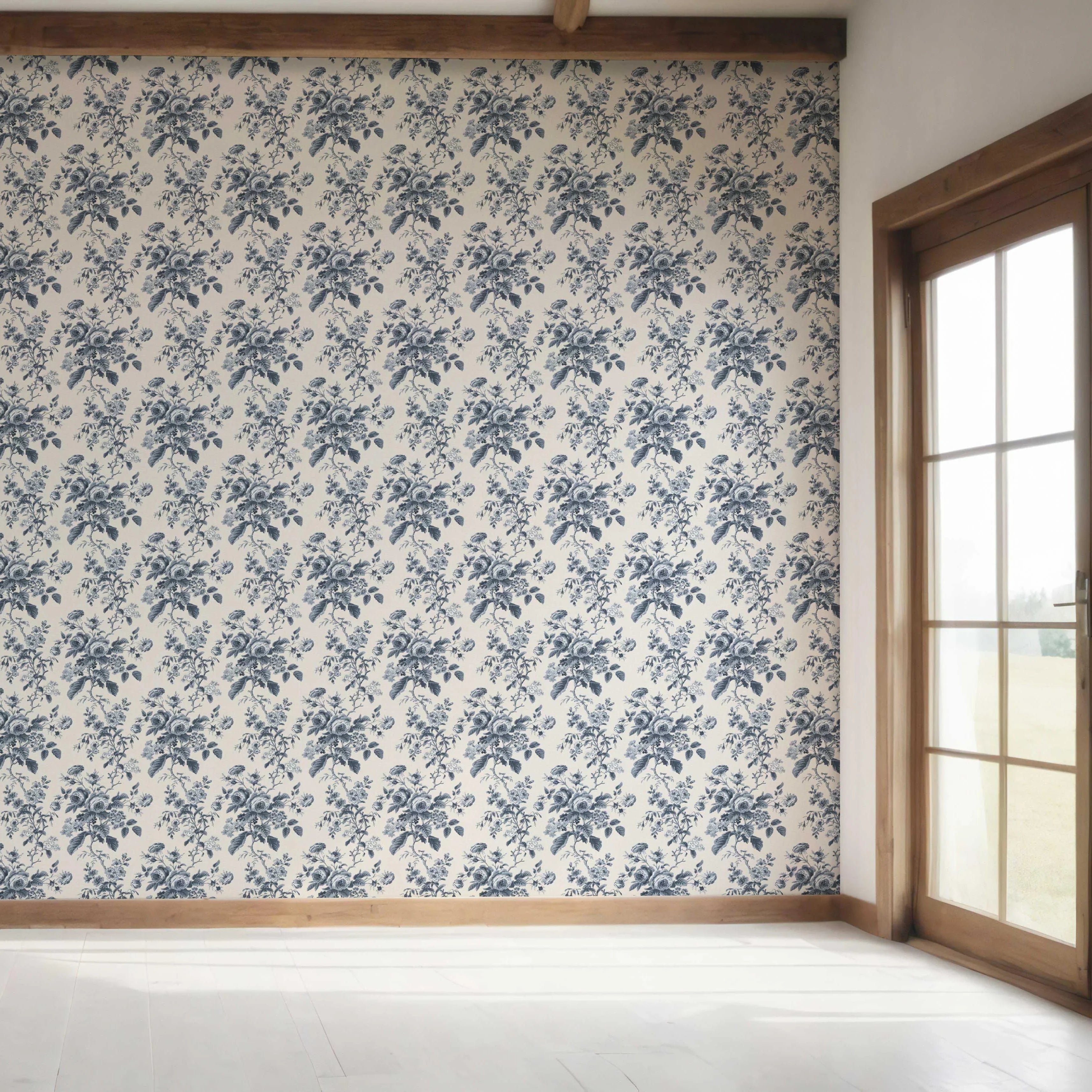 Vintage-Inspired Floral Toile/ Botanical Bedroom Wallpaper Sample (Vintage Blue/ Slate Blue)