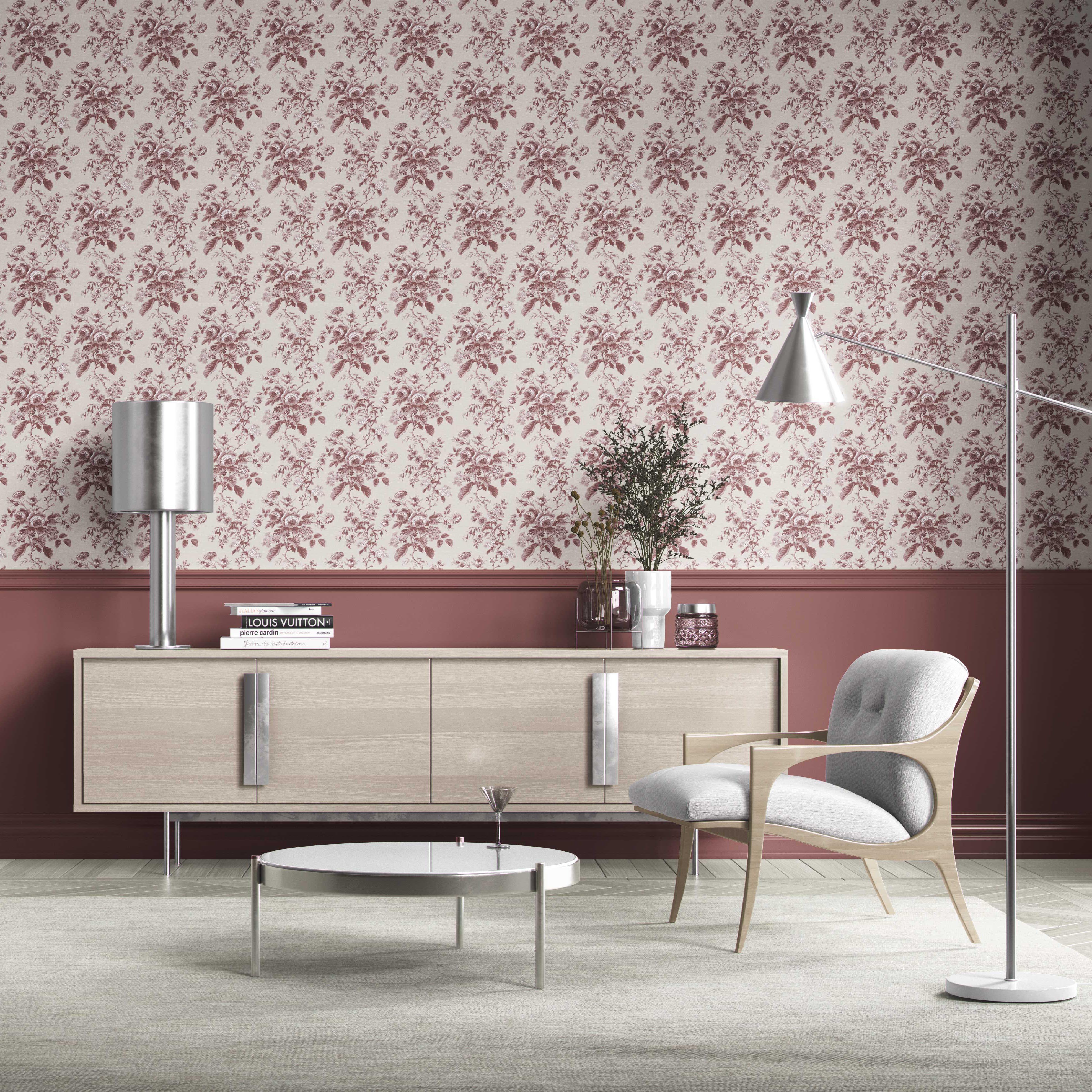 Vintage-Inspired Floral Toile/ Botanical Kitchen Wallpaper Sample (Burgundy Red)