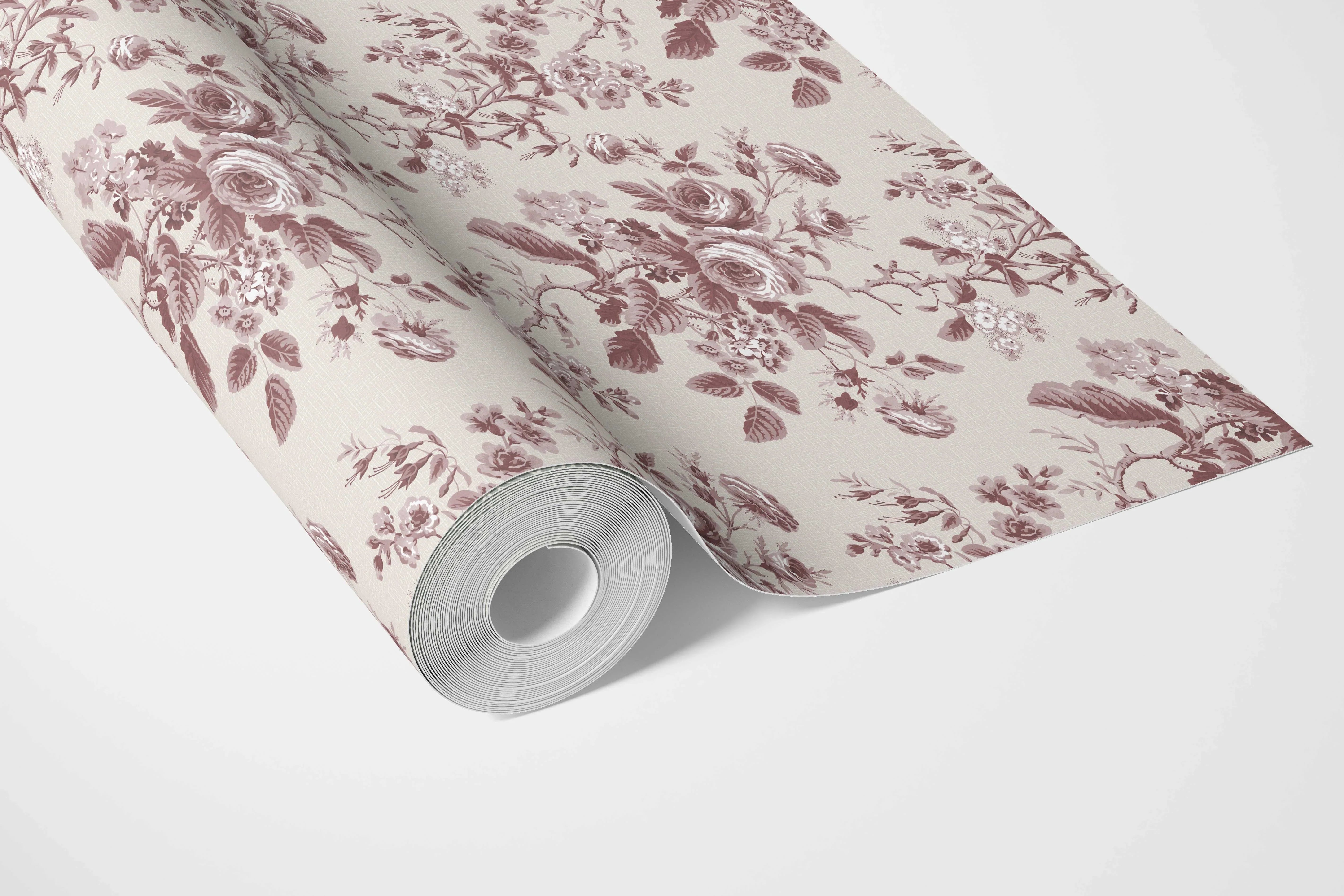 Vintage-Inspired Floral Toile/ Botanical Bathroom Wallpaper Sample (Burgundy Red)