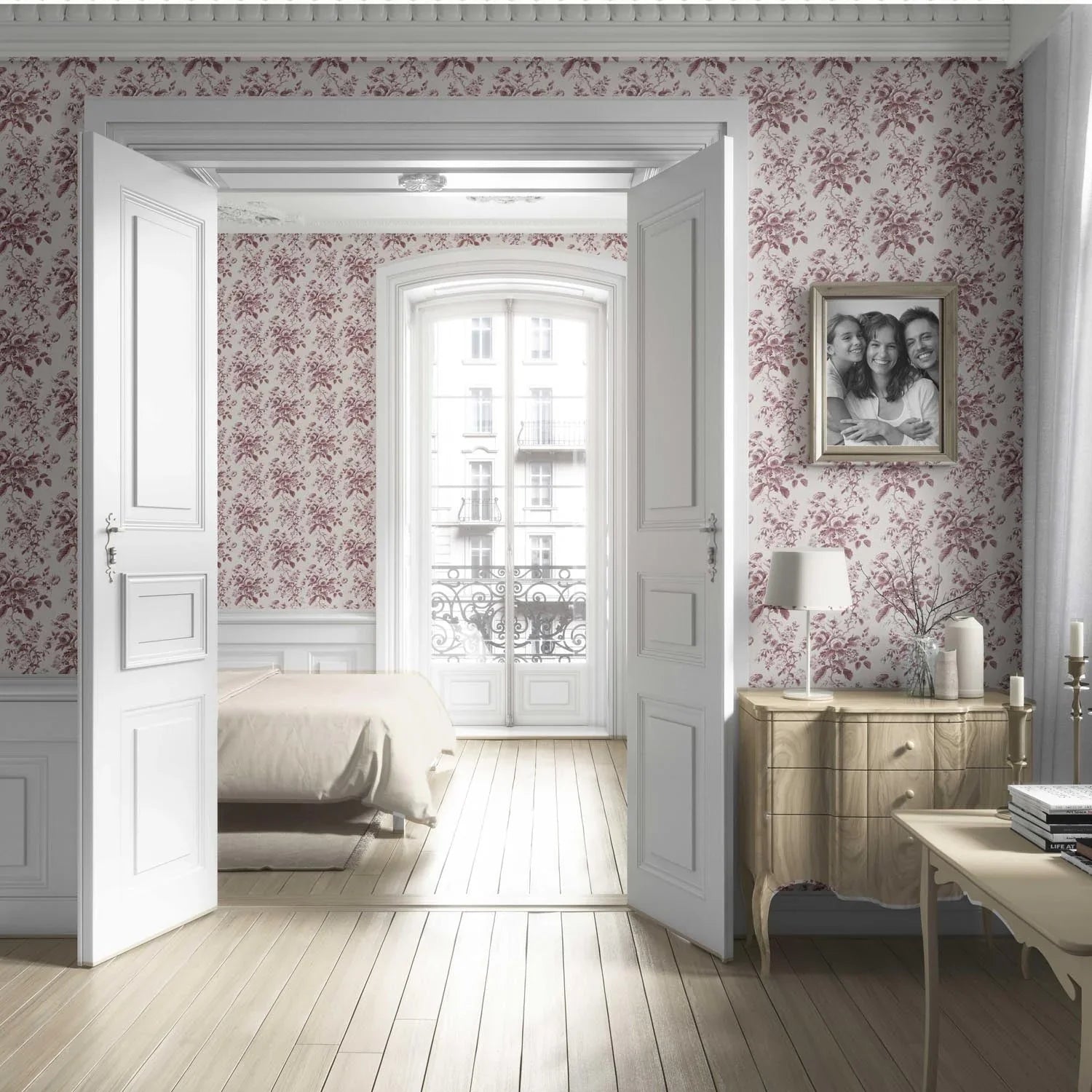 Vintage-Inspired Floral Toile/ Botanical Living Room Wallpaper Sample (Burgundy Red)