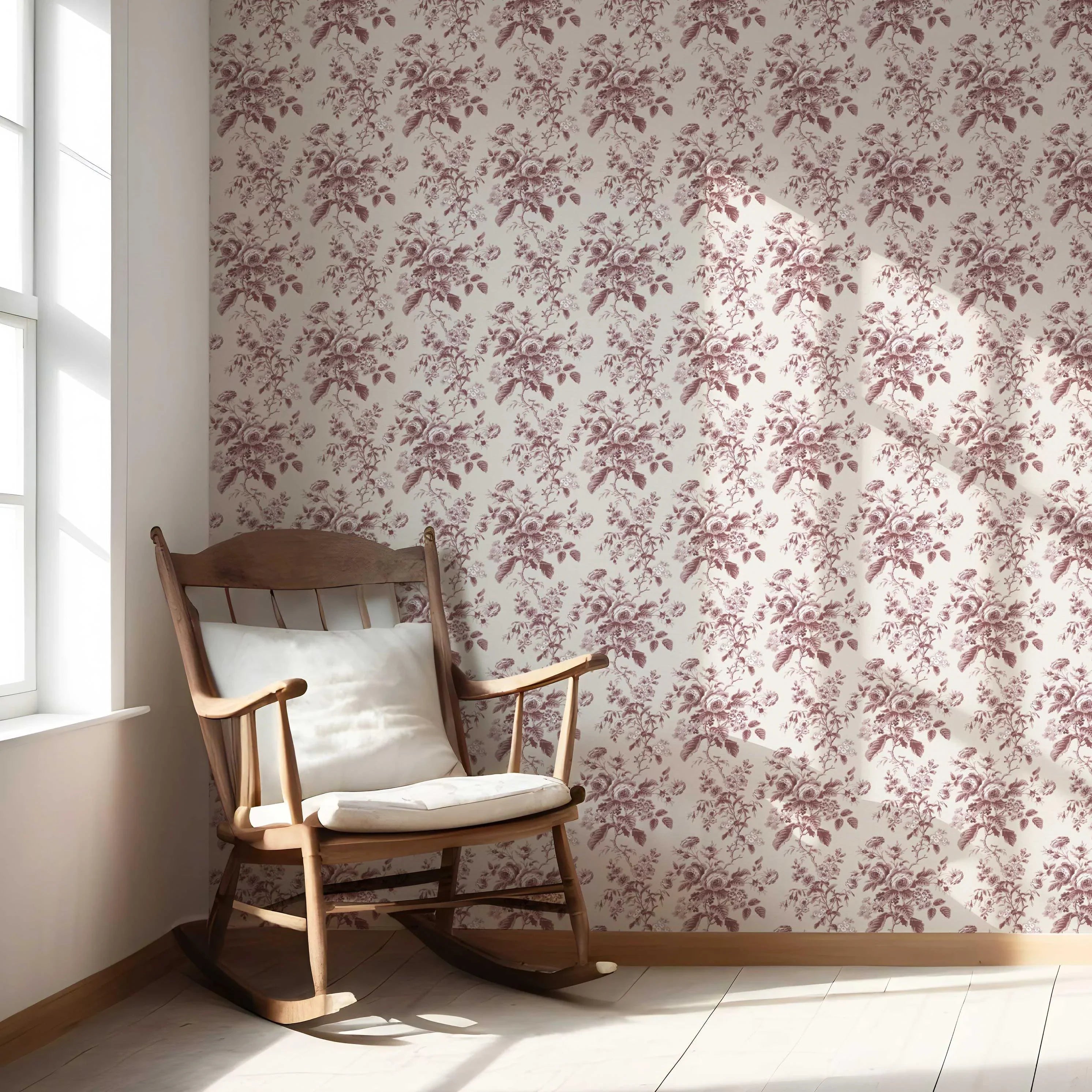 Vintage-Inspired Floral Toile/ Botanical Nursery Wallpaper Sample (Burgundy Red)