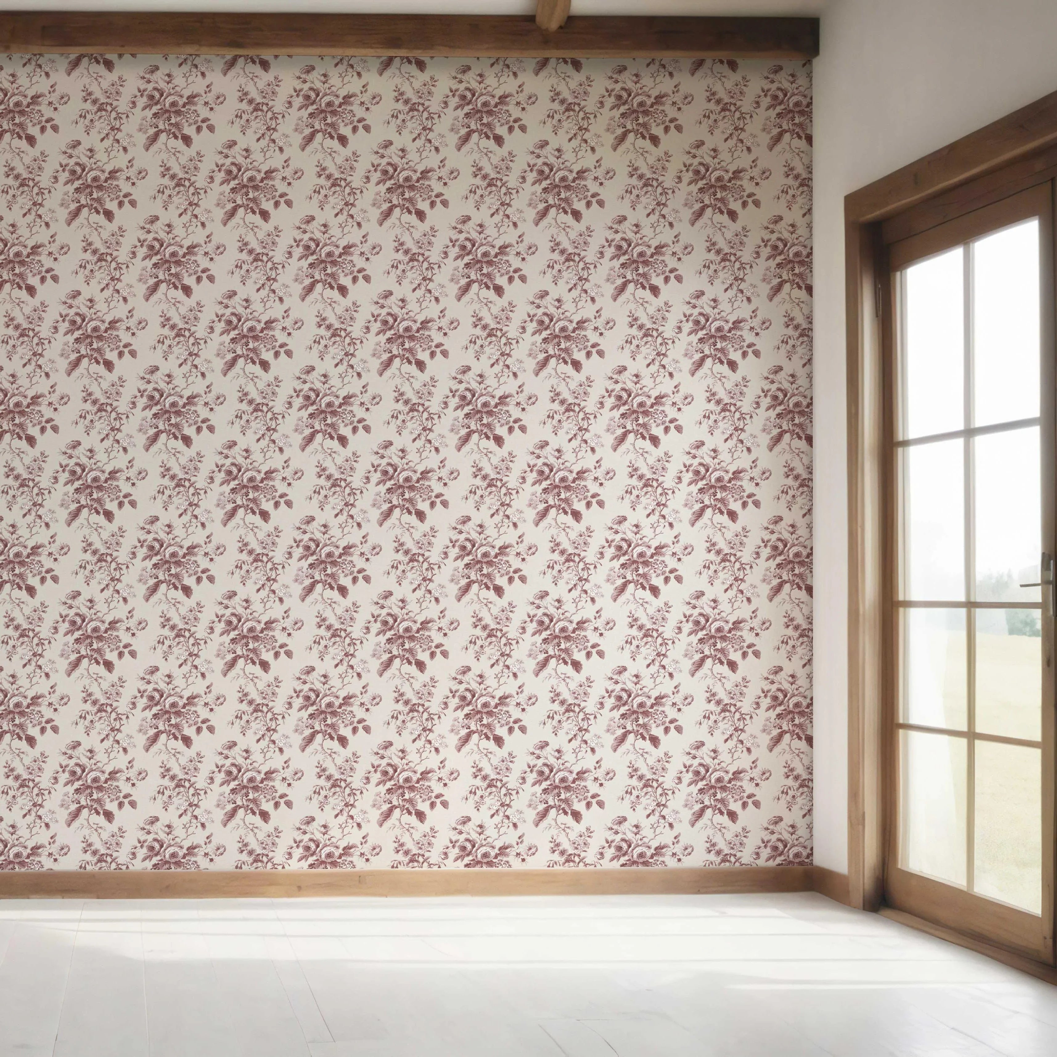 Vintage-Inspired Floral Toile/ Botanical Bedroom Wallpaper Sample (Burgundy Red)