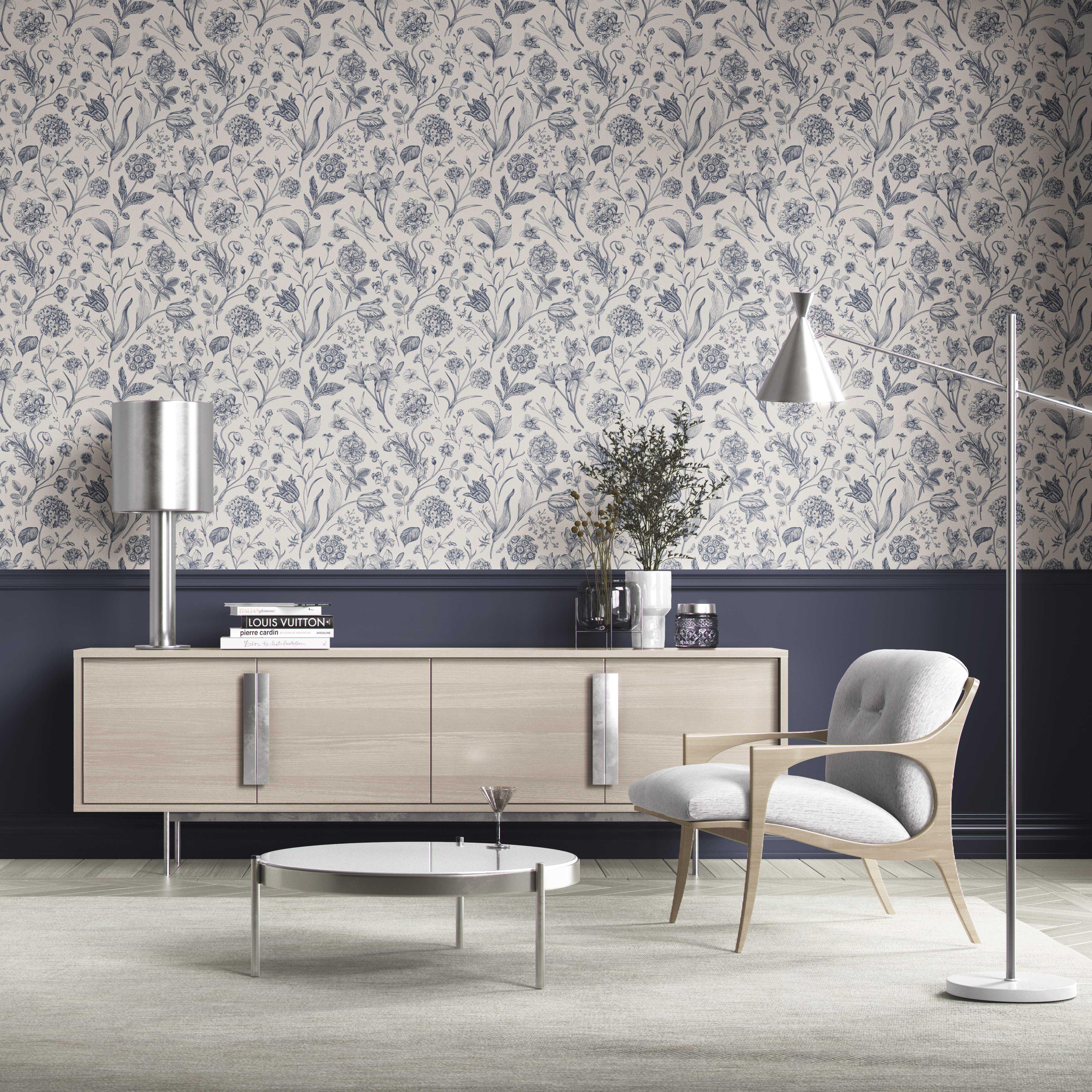 Floral/ Botanical Kitchen Wallpaper Sample (Navy Blue)