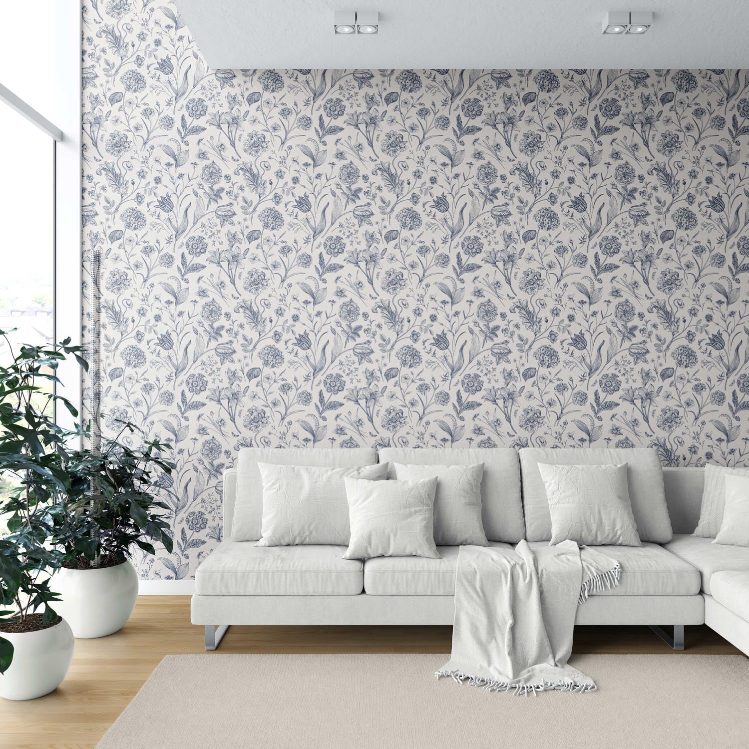 Floral/ Botanical Shower Toilet Wallpaper Sample (Navy Blue)