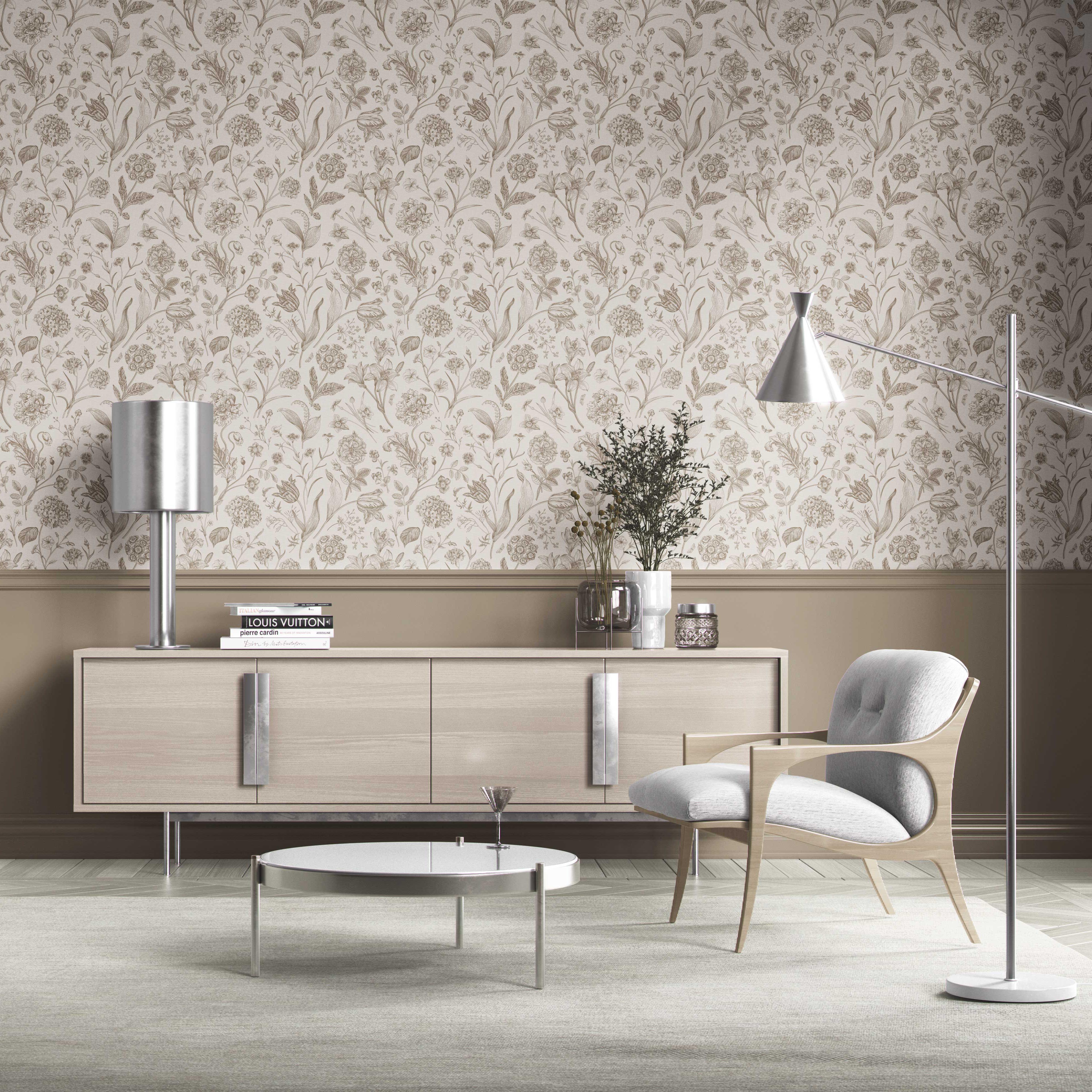 Neutral Floral/ Botanical Kitchen Wallpaper (Greige/ Beige/ Warm Gray)