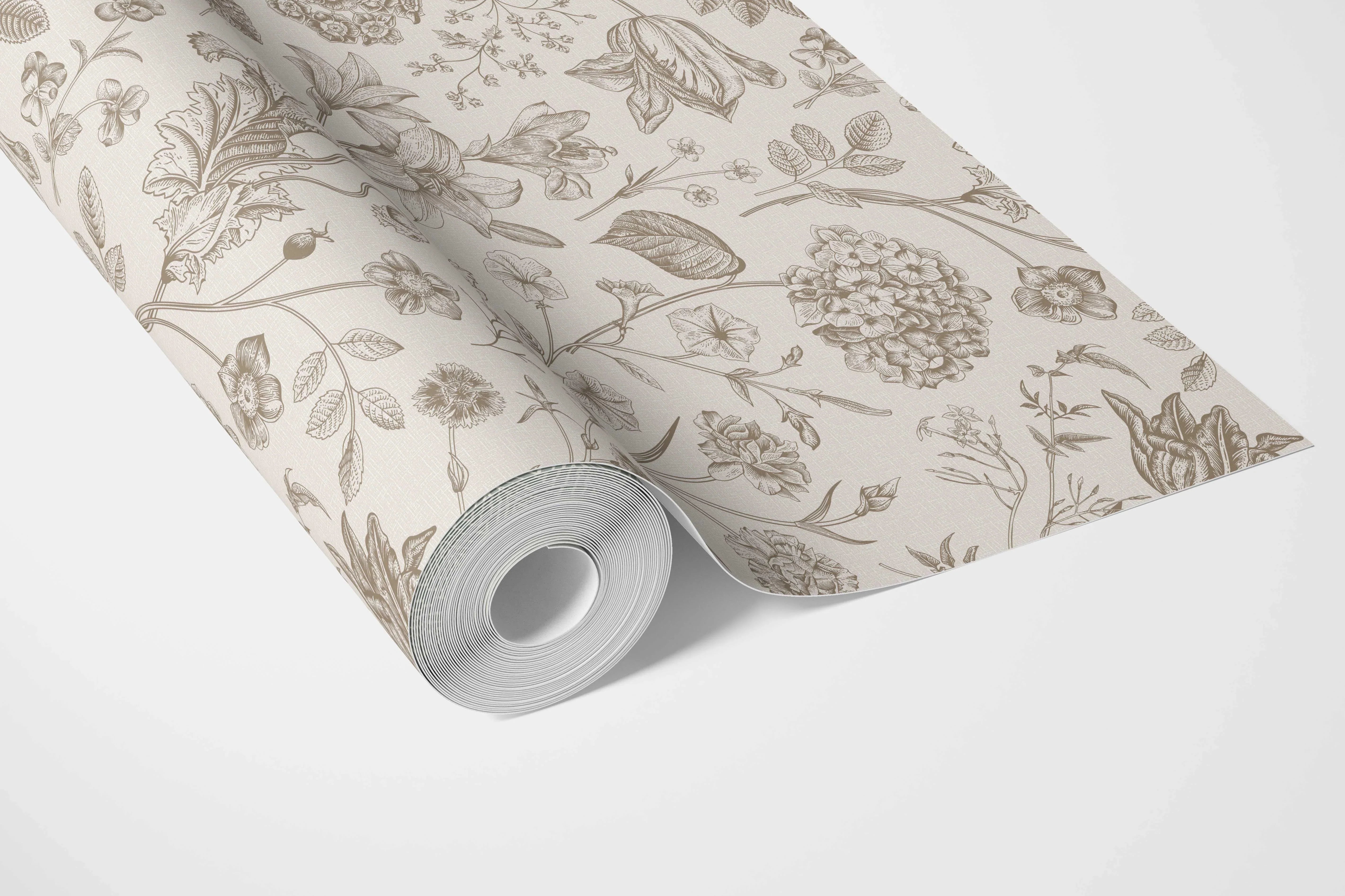 Neutral Floral/ Botanical Bathroom Wallpaper Sample (Greige/ Beige/ Warm Gray)