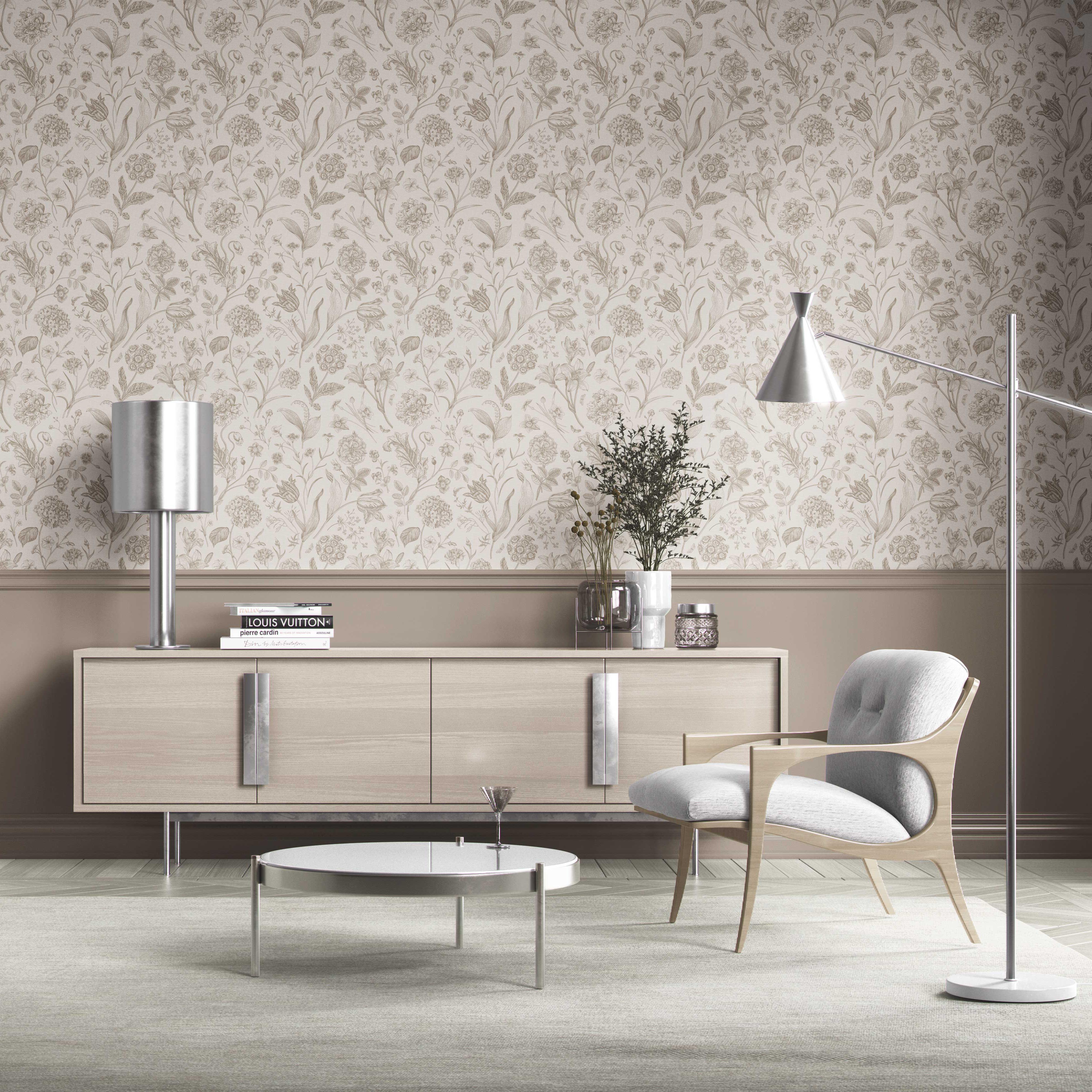 Neutral Floral/ Botanical Kitchen Wallpaper Sample (Beige/ Soft Taupe)