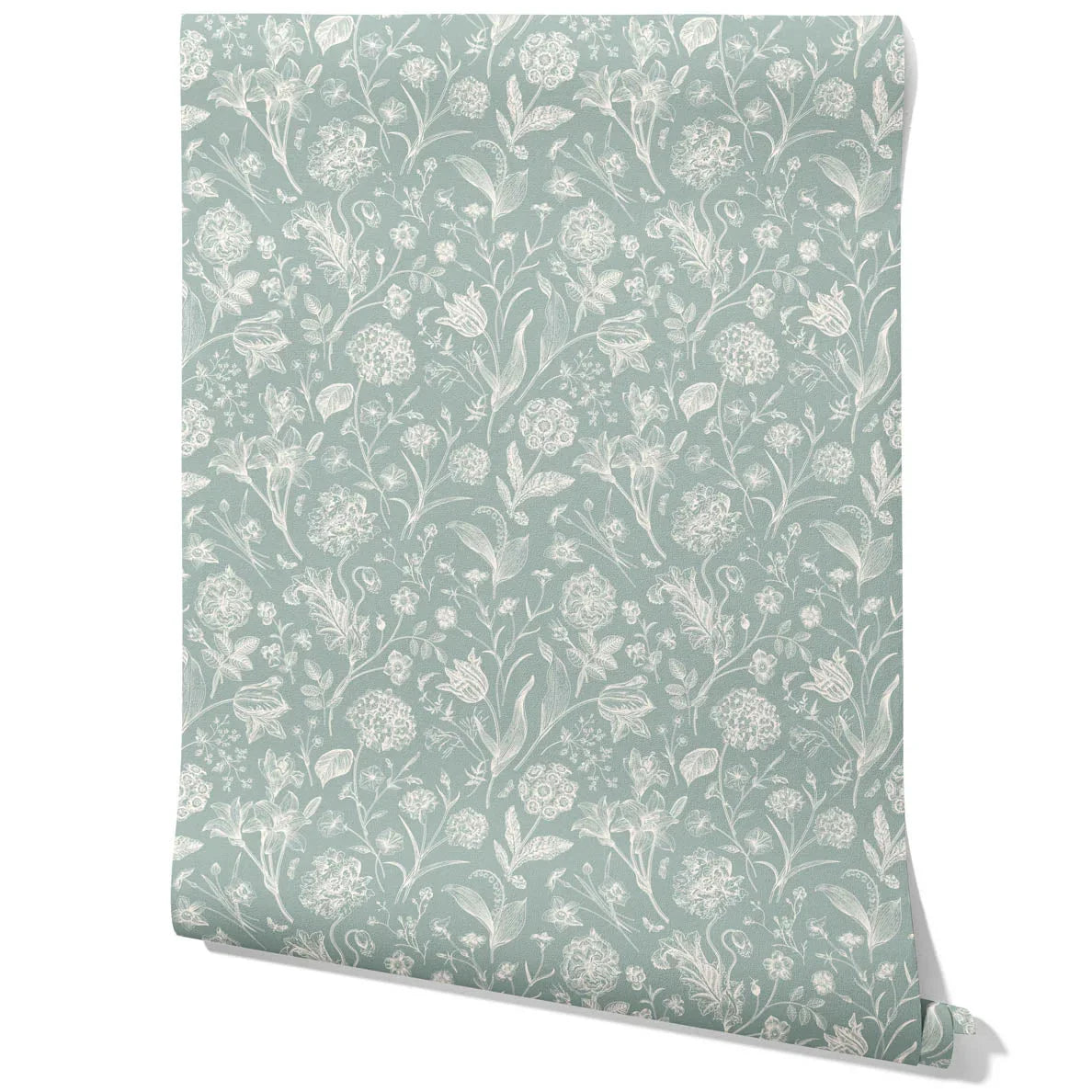 Floral/ Botanical Traditional Wallpaper Sample (Cadet Blue/ Mint Gray/ Cream)