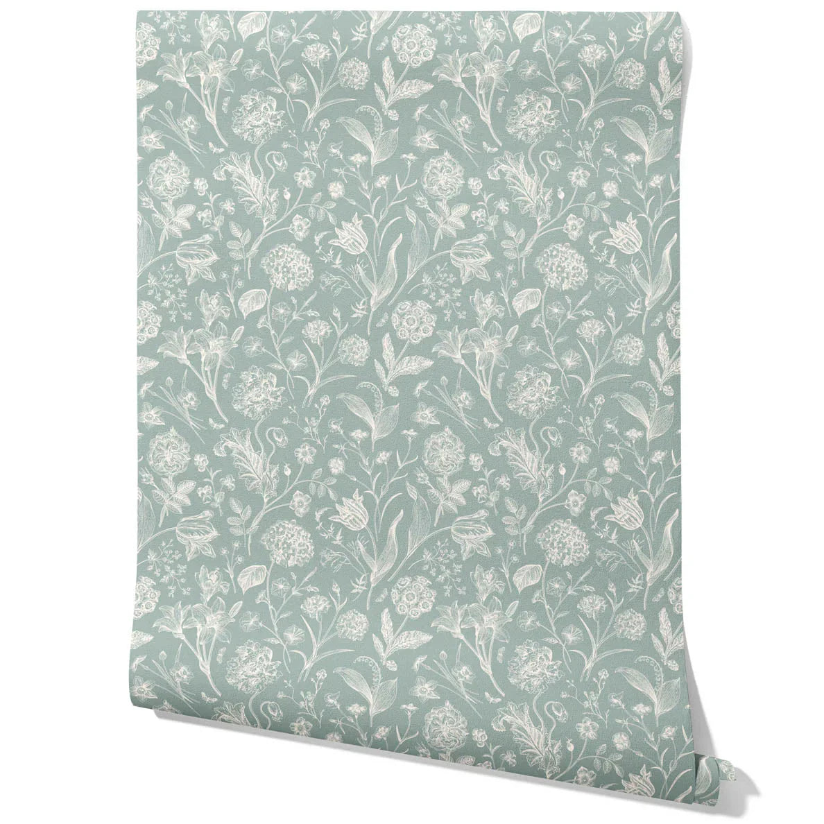 Floral/ Botanical Traditional Wallpaper Sample (Cadet Blue/ Mint Gray/ Cream)