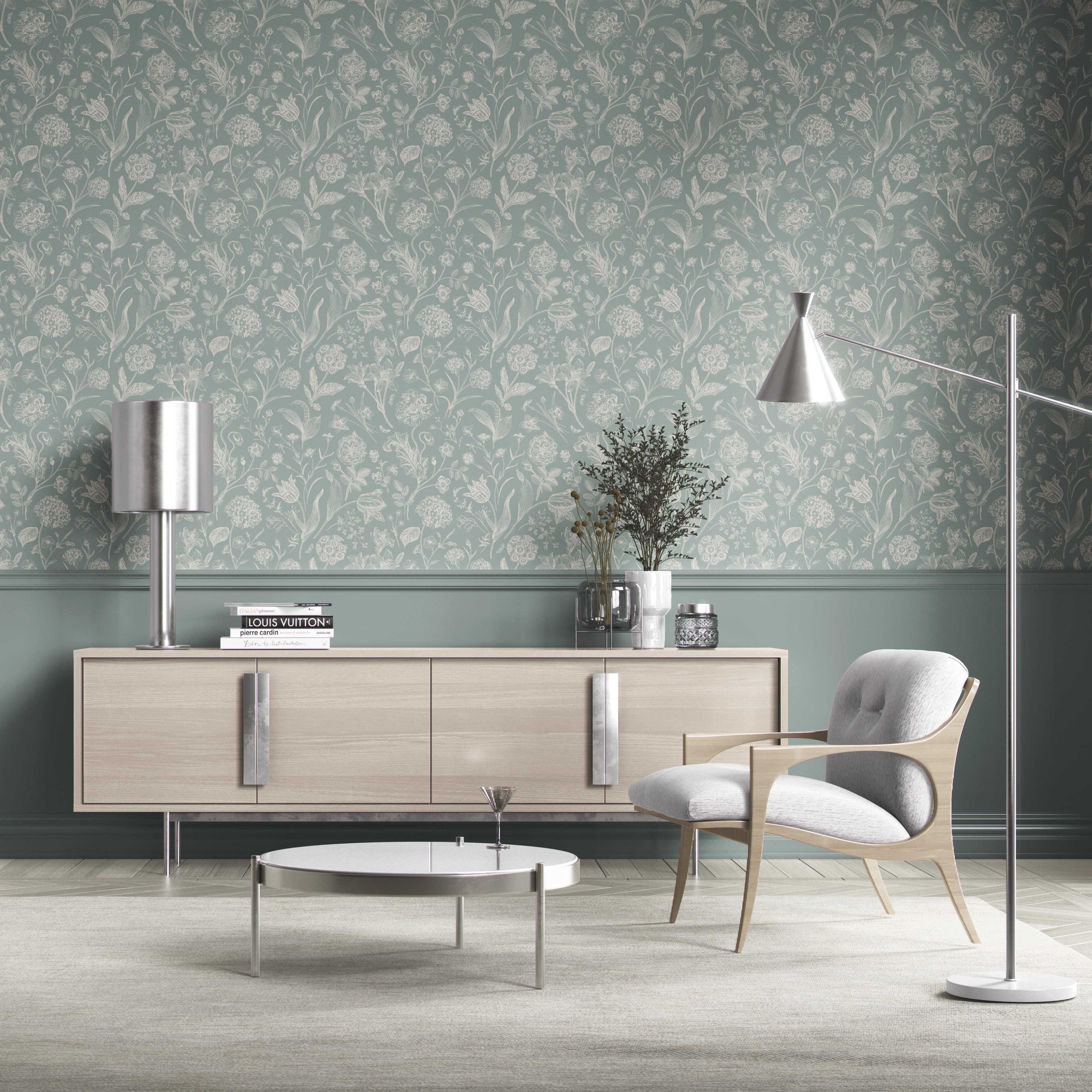 Floral/ Botanical Kitchen Wallpaper (Cadet Blue/ Mint Gray/ Cream)