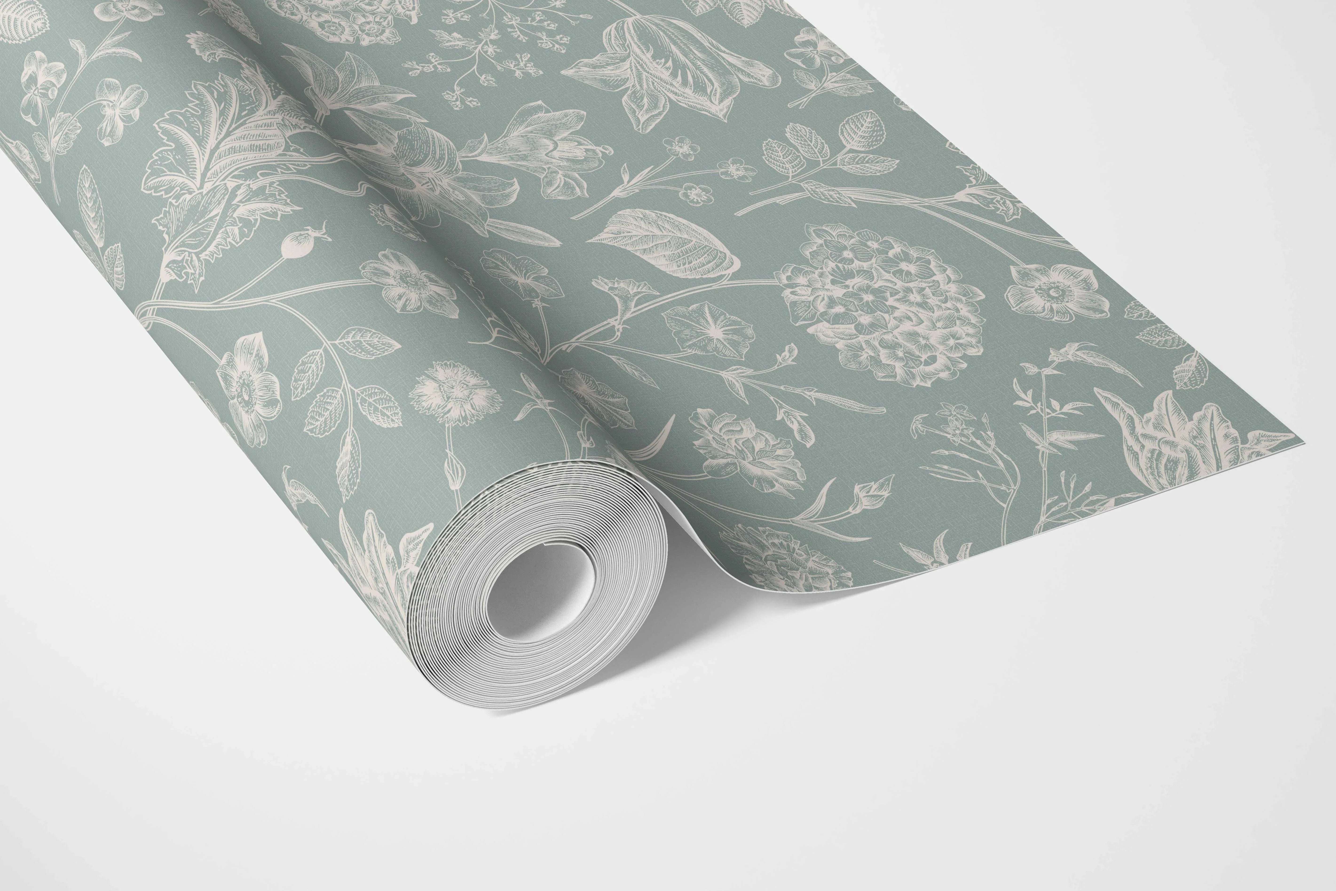 Floral/ Botanical Bathroom Wallpaper Sample (Cadet Blue/ Mint Gray/ Cream)