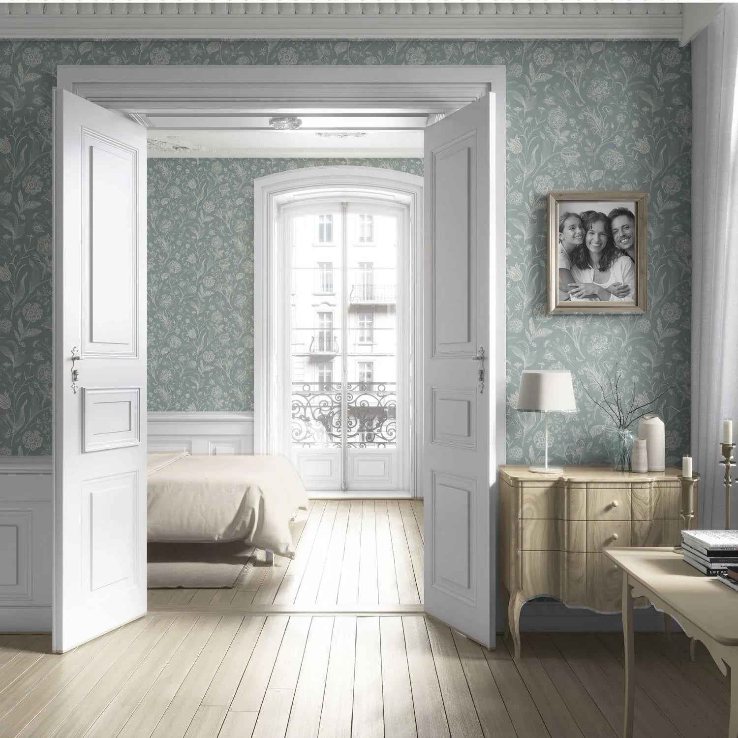 Floral/ Botanical Living Room Wallpaper Sample (Cadet Blue/ Mint Gray/ Cream)
