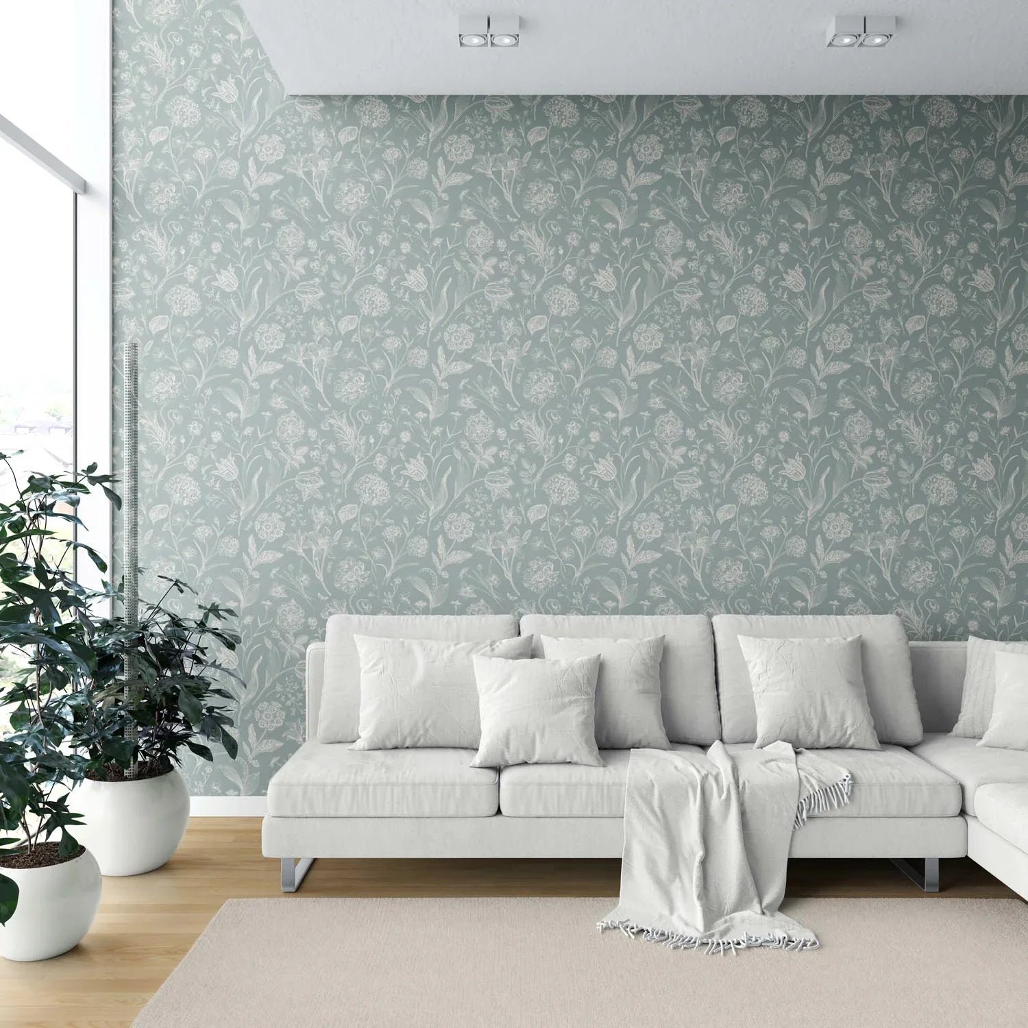 Floral/ Botanical Shower Toilet Wallpaper Sample (Cadet Blue/ Mint Gray/ Cream)
