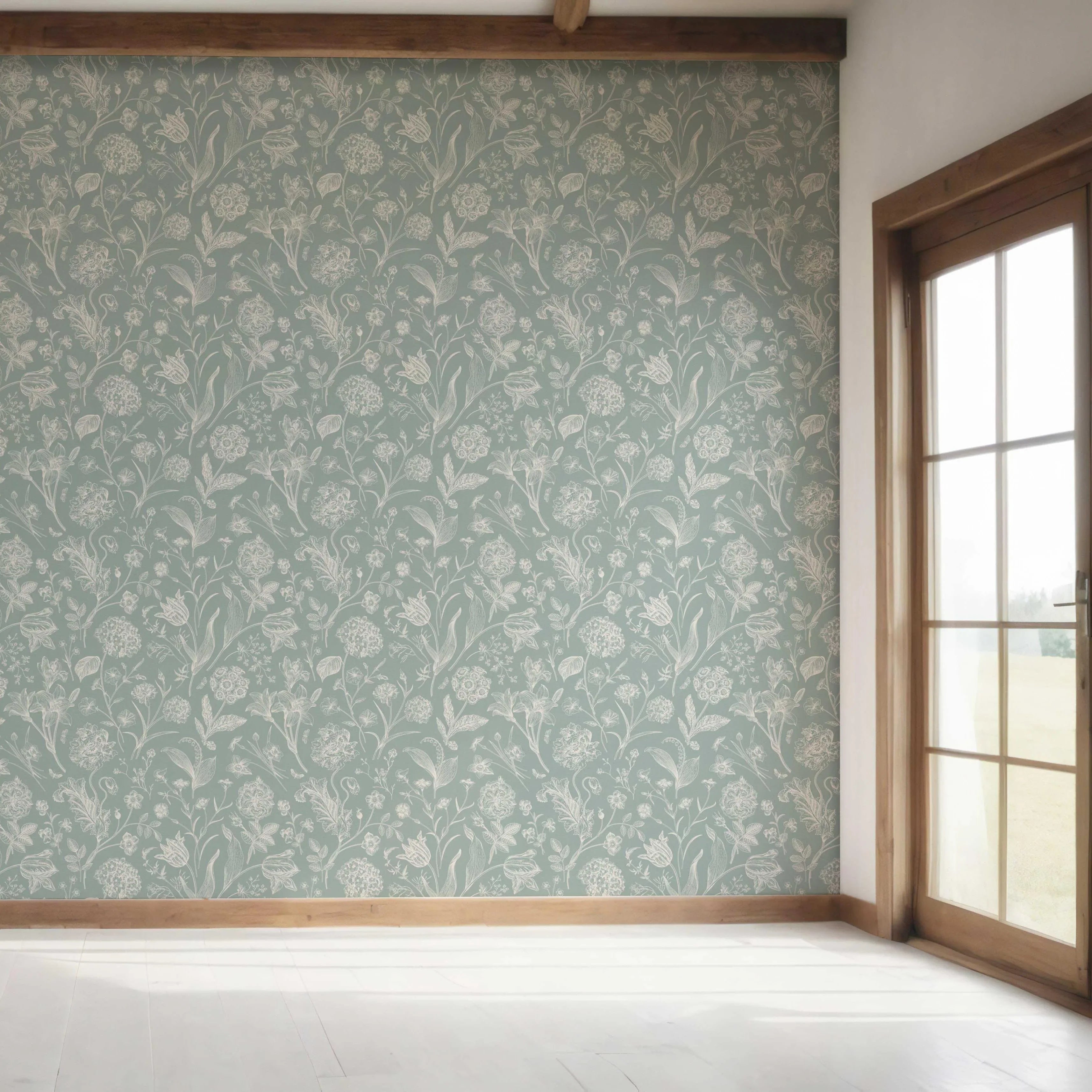 Floral/ Botanical Bedroom Wallpaper Sample (Cadet Blue/ Mint Gray/ Cream)