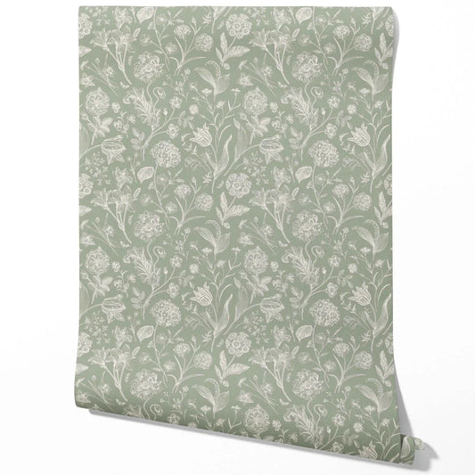 Floral/ Botanical Traditional Wallpaper Sample (Sage Green)