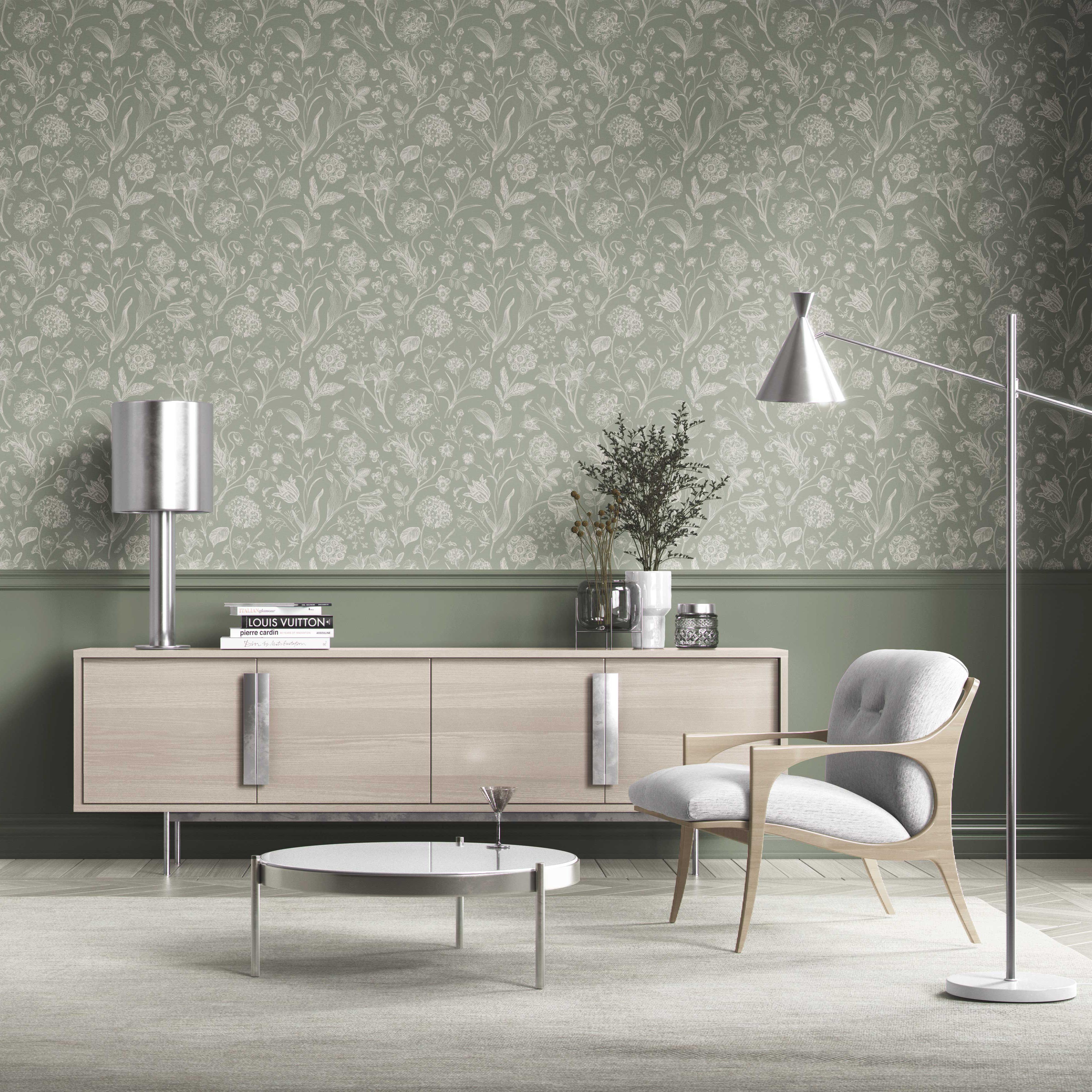 Floral/ Botanical Kitchen Wallpaper (Sage Green)