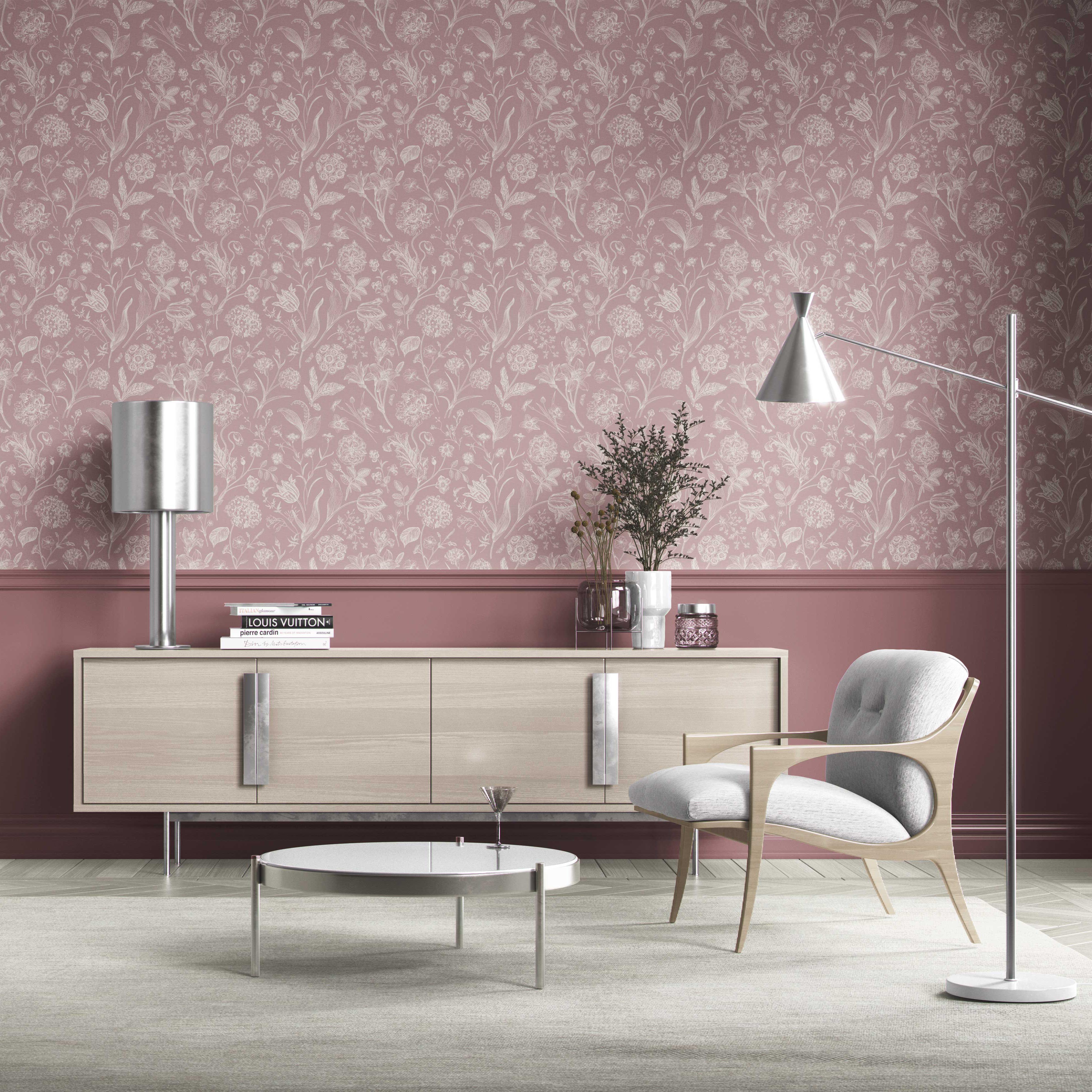 Floral/ Botanical Kitchen Wallpaper Sample (Dusky Pink/ Cream)
