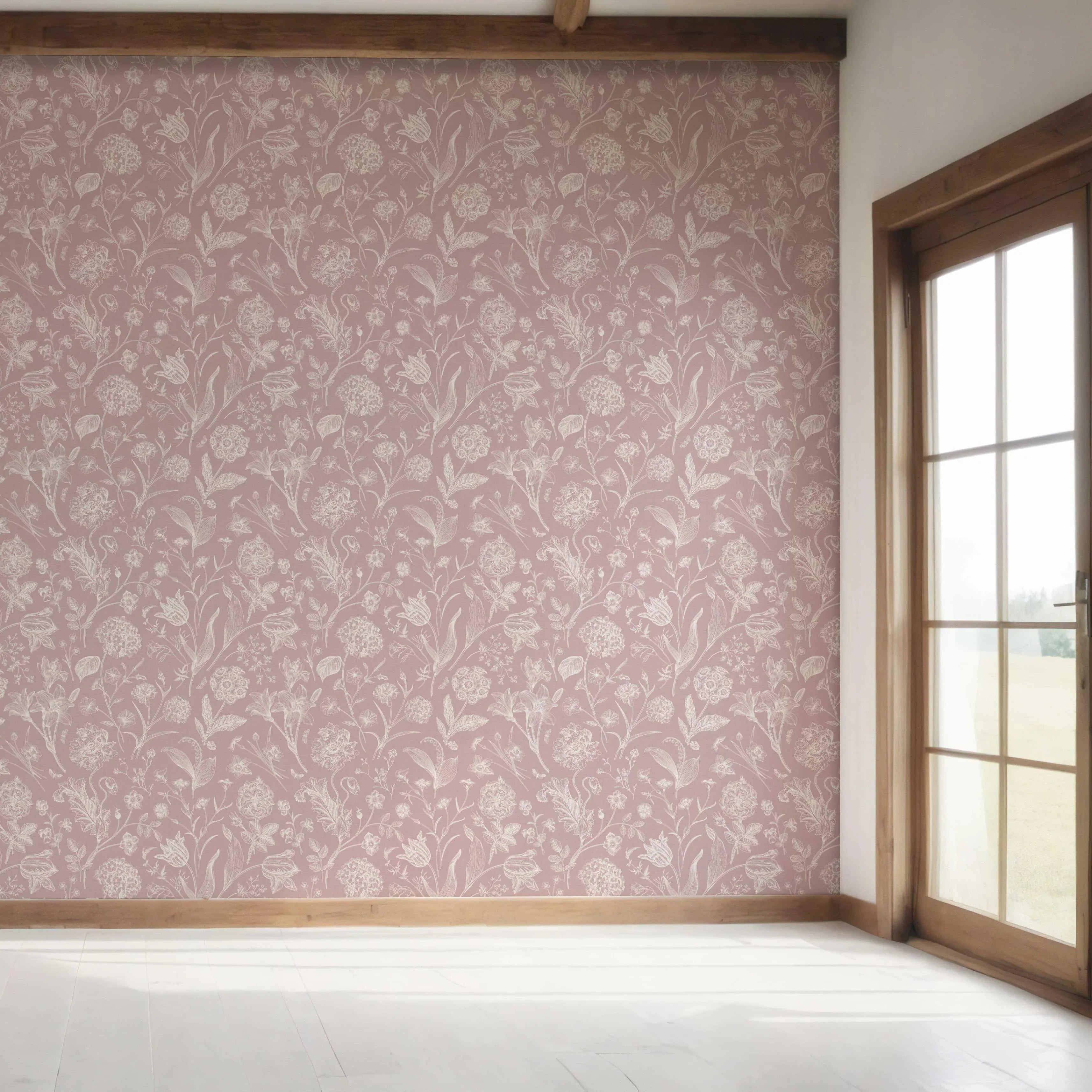 Floral/ Botanical Bedroom Wallpaper Sample (Dusky Pink/ Cream)
