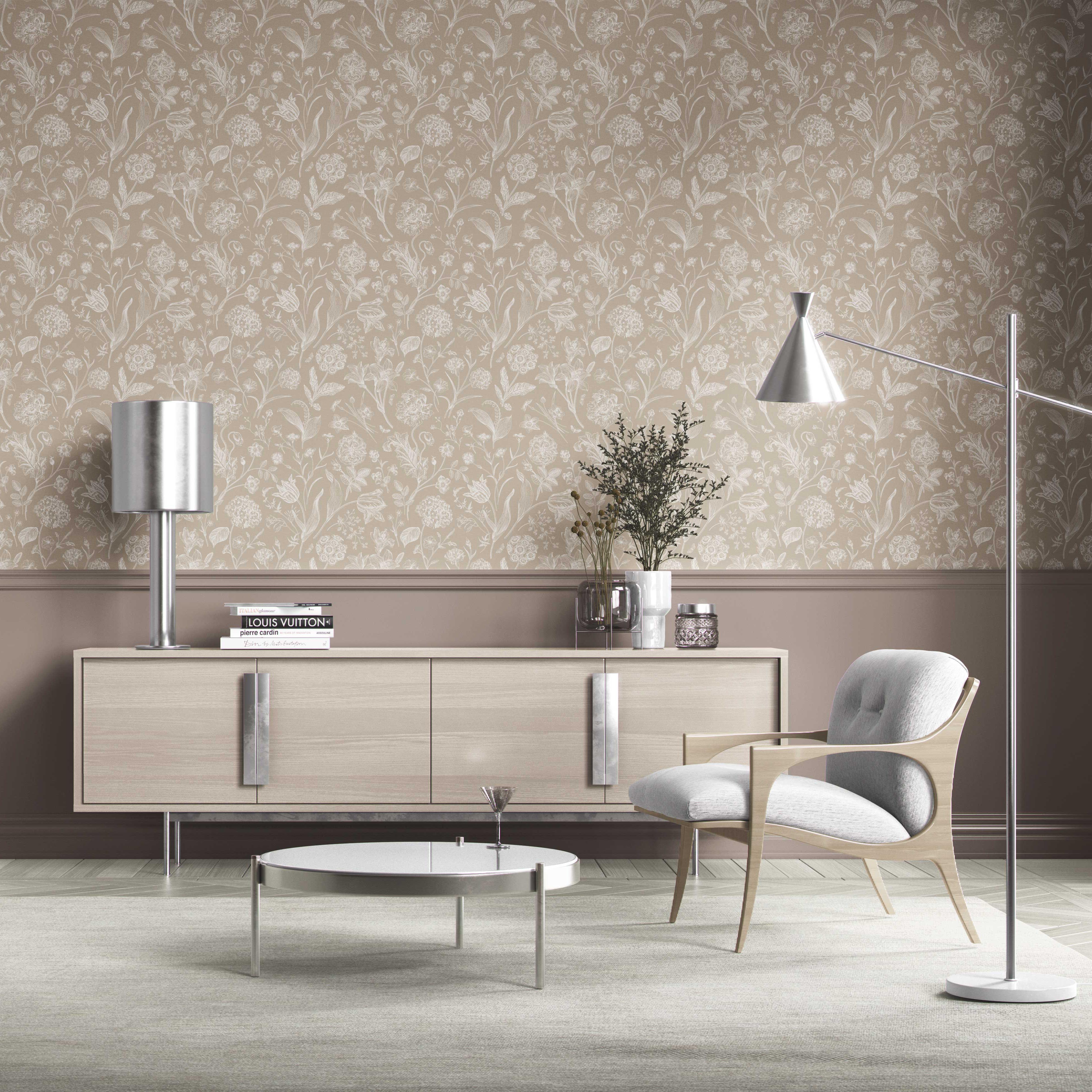 Neutral Floral/ Botanical Kitchen Wallpaper Sample (Beige/ Brown/ Cream)