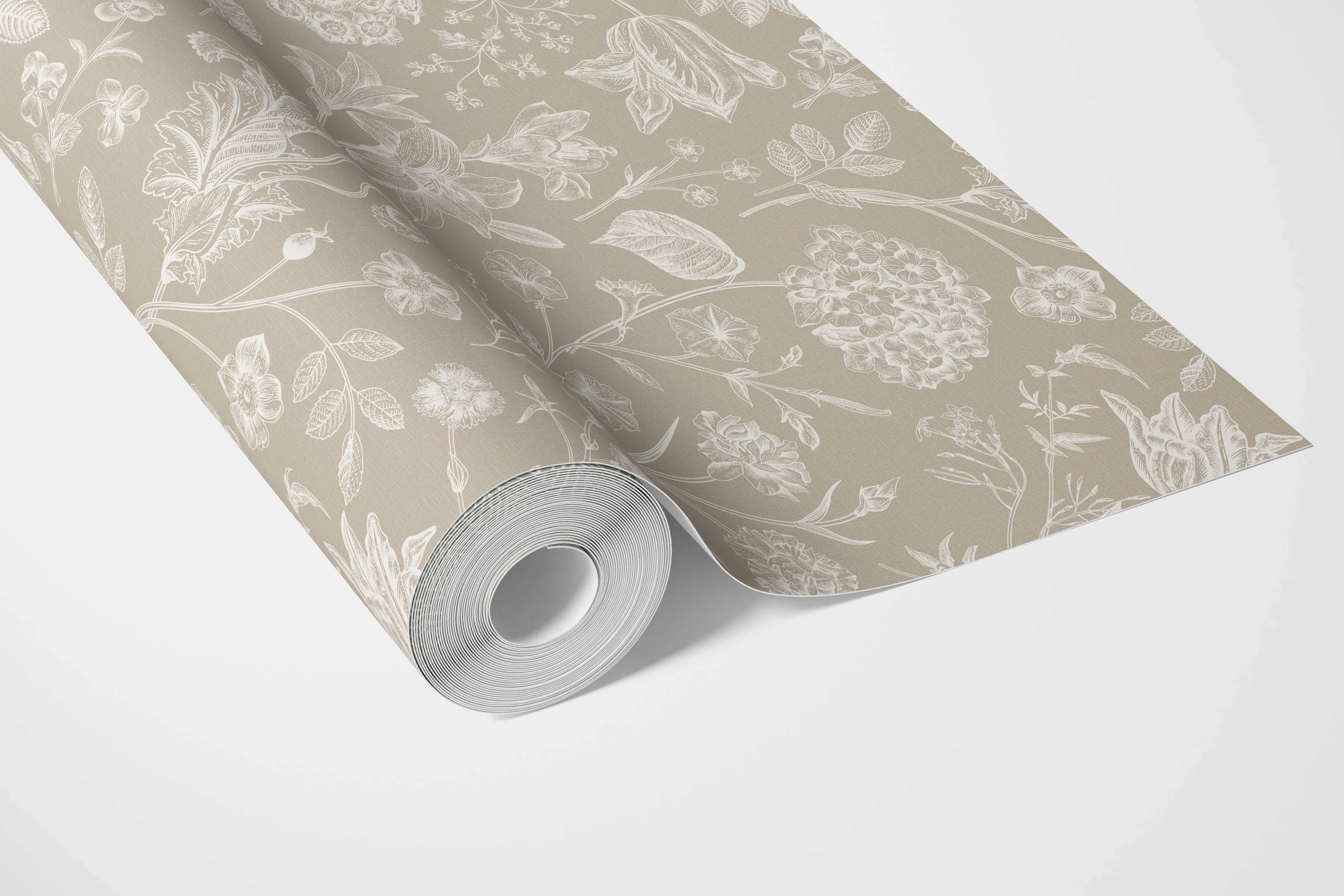 Neutral Floral/ Botanical Bathroom Wallpaper (Beige/ Brown/ Cream)