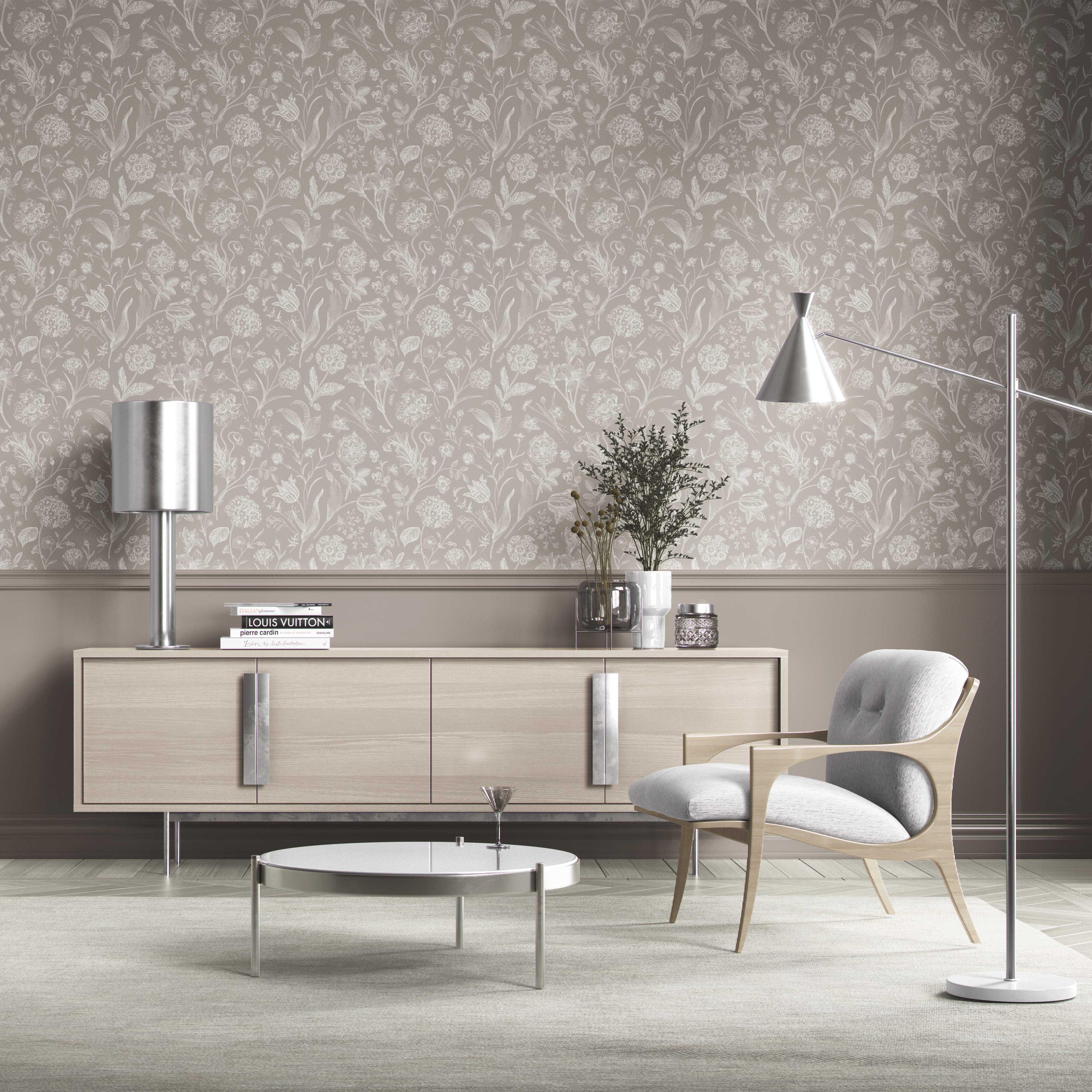 Neutral Floral/ Botanical Kitchen Wallpaper Sample (Greige/ Warm Gray/ Taupe)