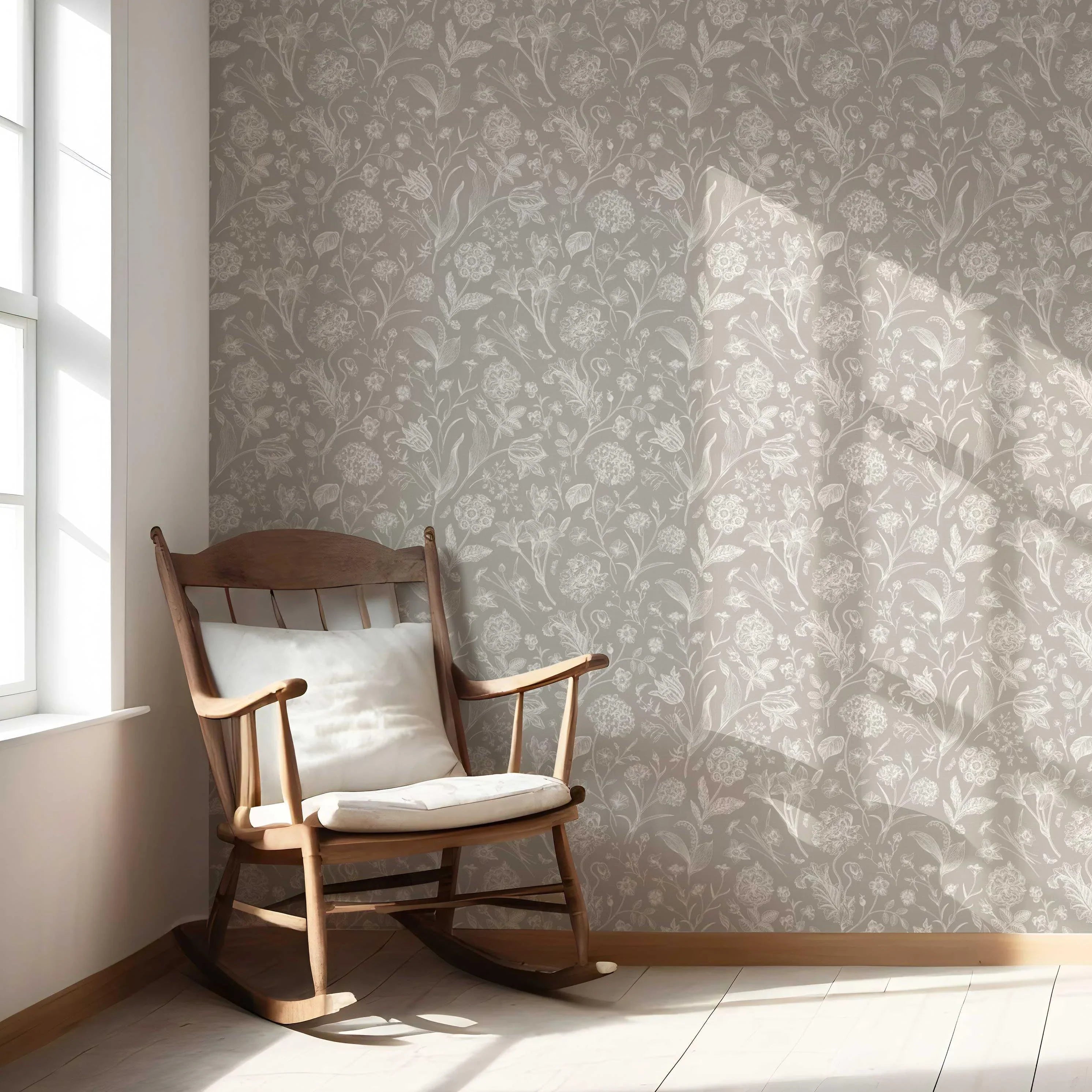 Neutral Floral/ Botanical Nursery Wallpaper Sample (Greige/ Warm Gray/ Taupe)