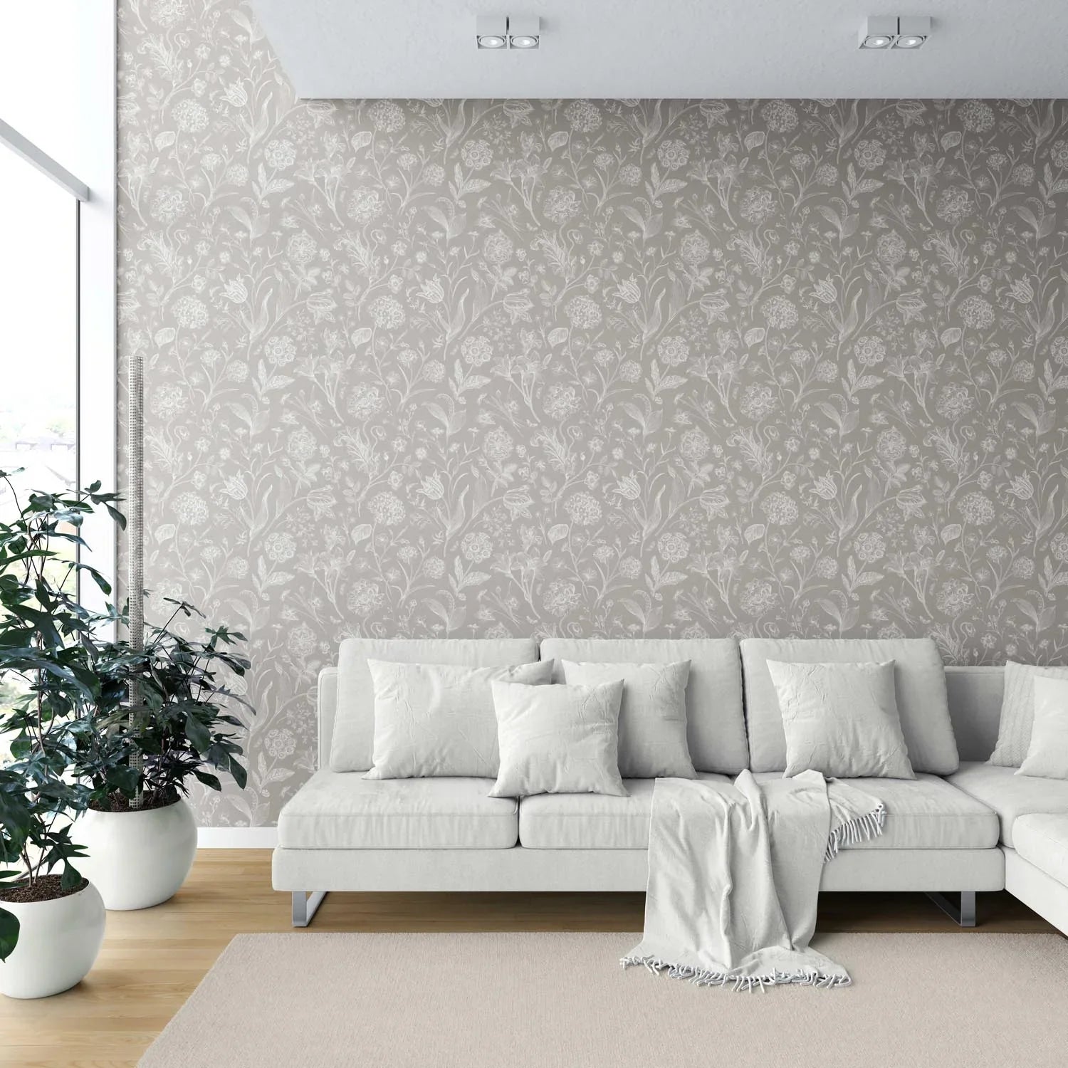 Neutral Floral/ Botanical Shower Toilet Wallpaper Sample (Greige/ Warm Gray/ Taupe)