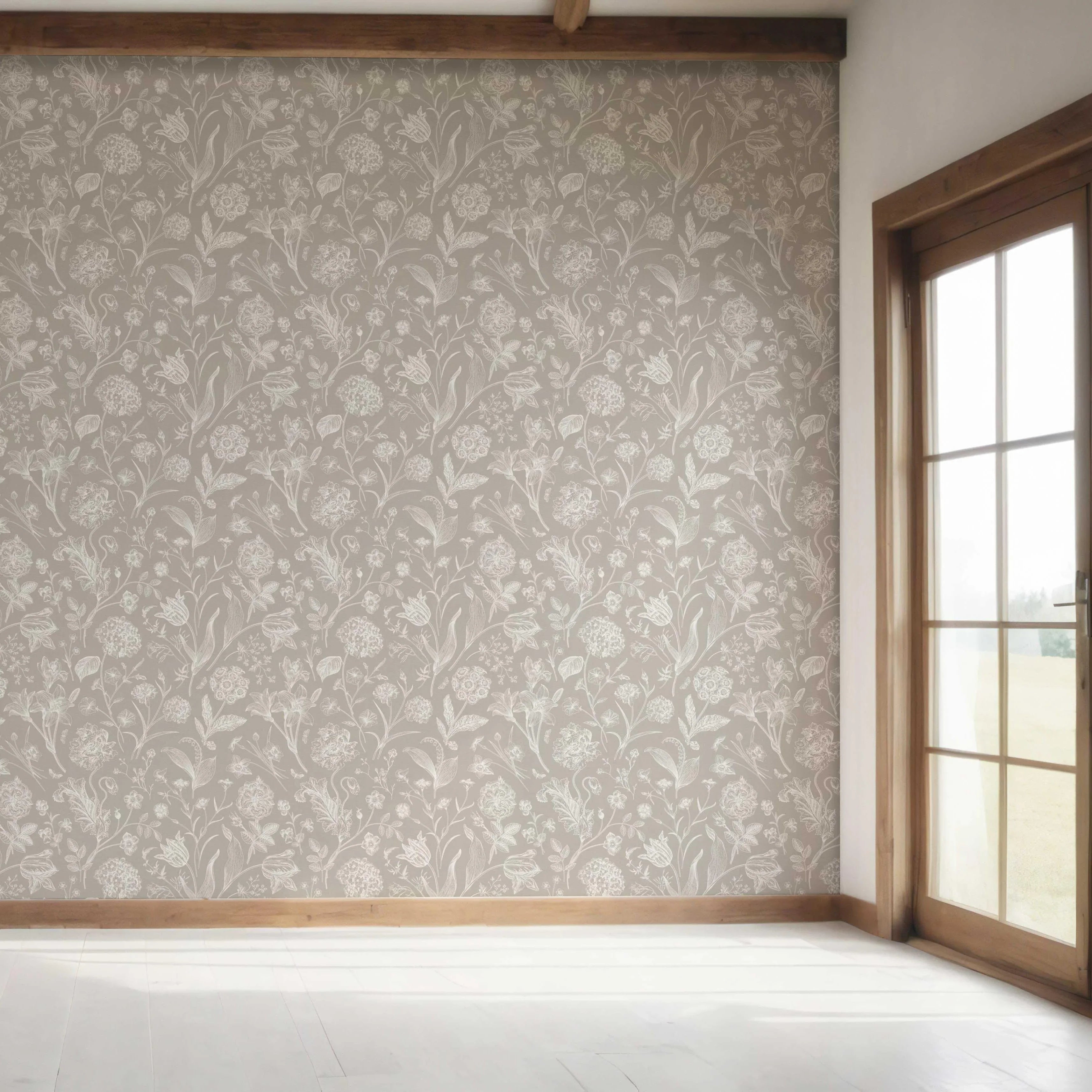 Neutral Floral/ Botanical Bedroom Wallpaper (Greige/ Warm Gray/ Taupe)