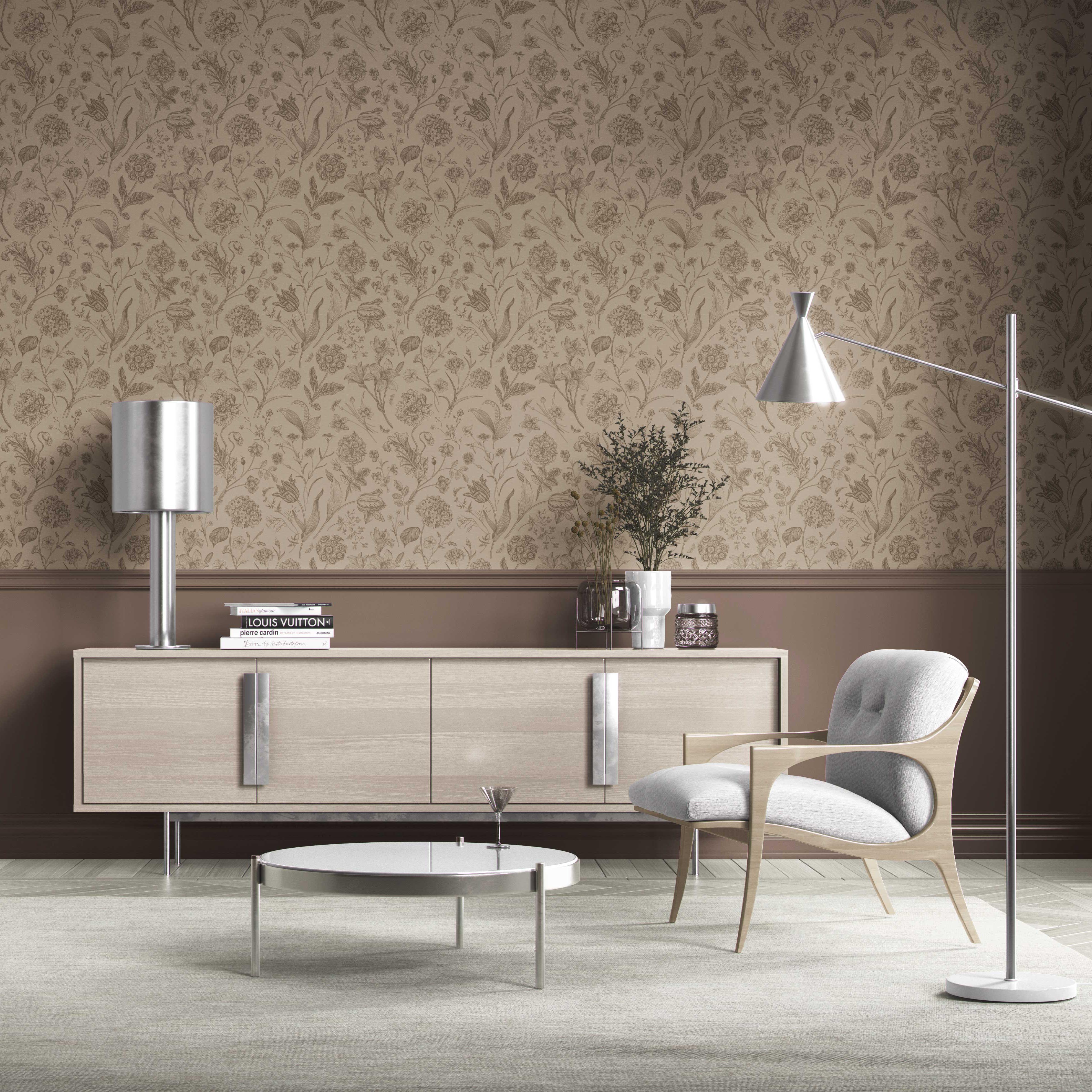 Neutral Floral/ Botanical Kitchen Wallpaper Sample (Brown/ Beige/ Tan)