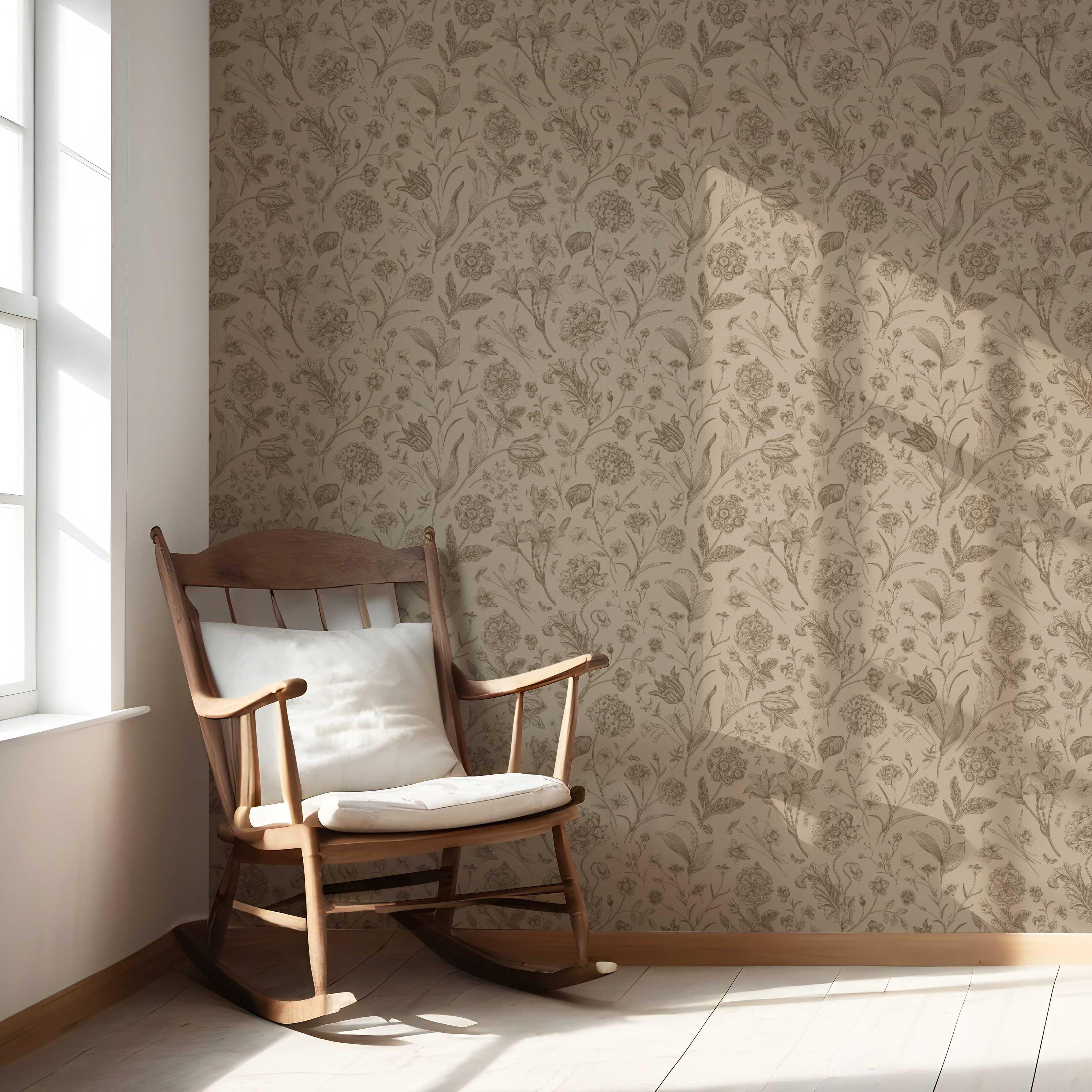 Neutral Floral/ Botanical Nursery Wallpaper (Brown/ Beige/ Tan)