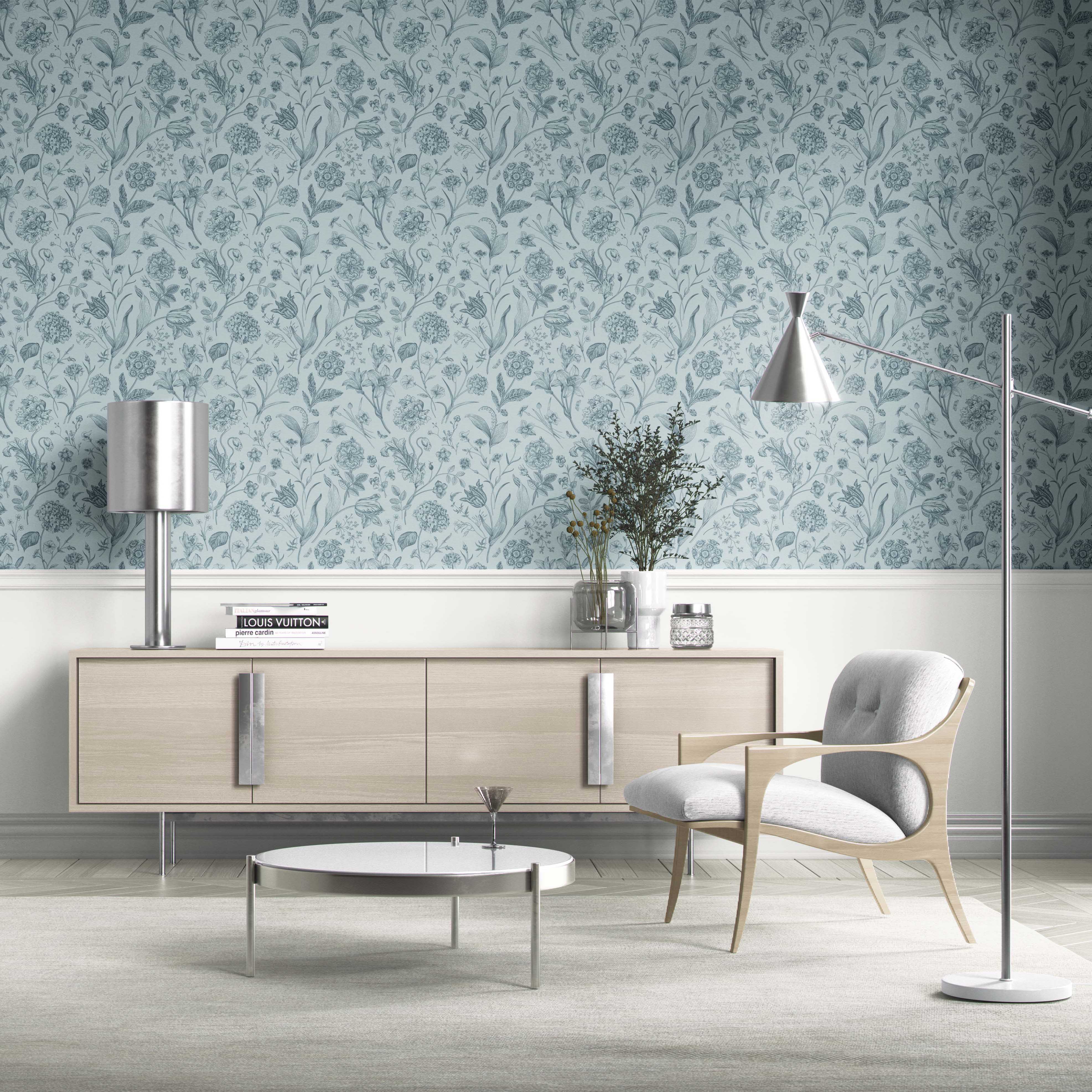 Floral/ Botanical Kitchen Wallpaper Sample (Slate Blue/ Gray)