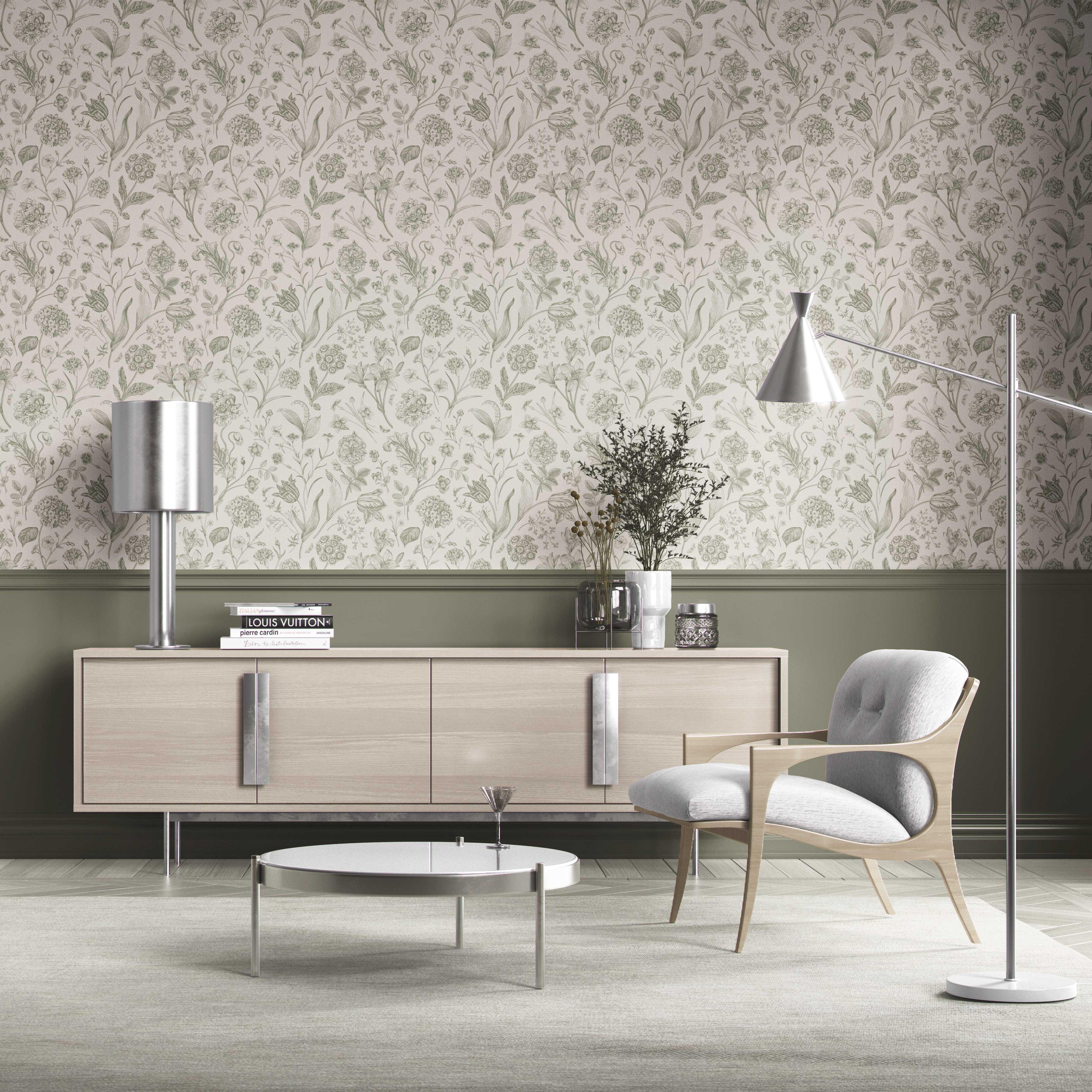 Floral/ Botanical Kitchen Wallpaper (Olive Green)