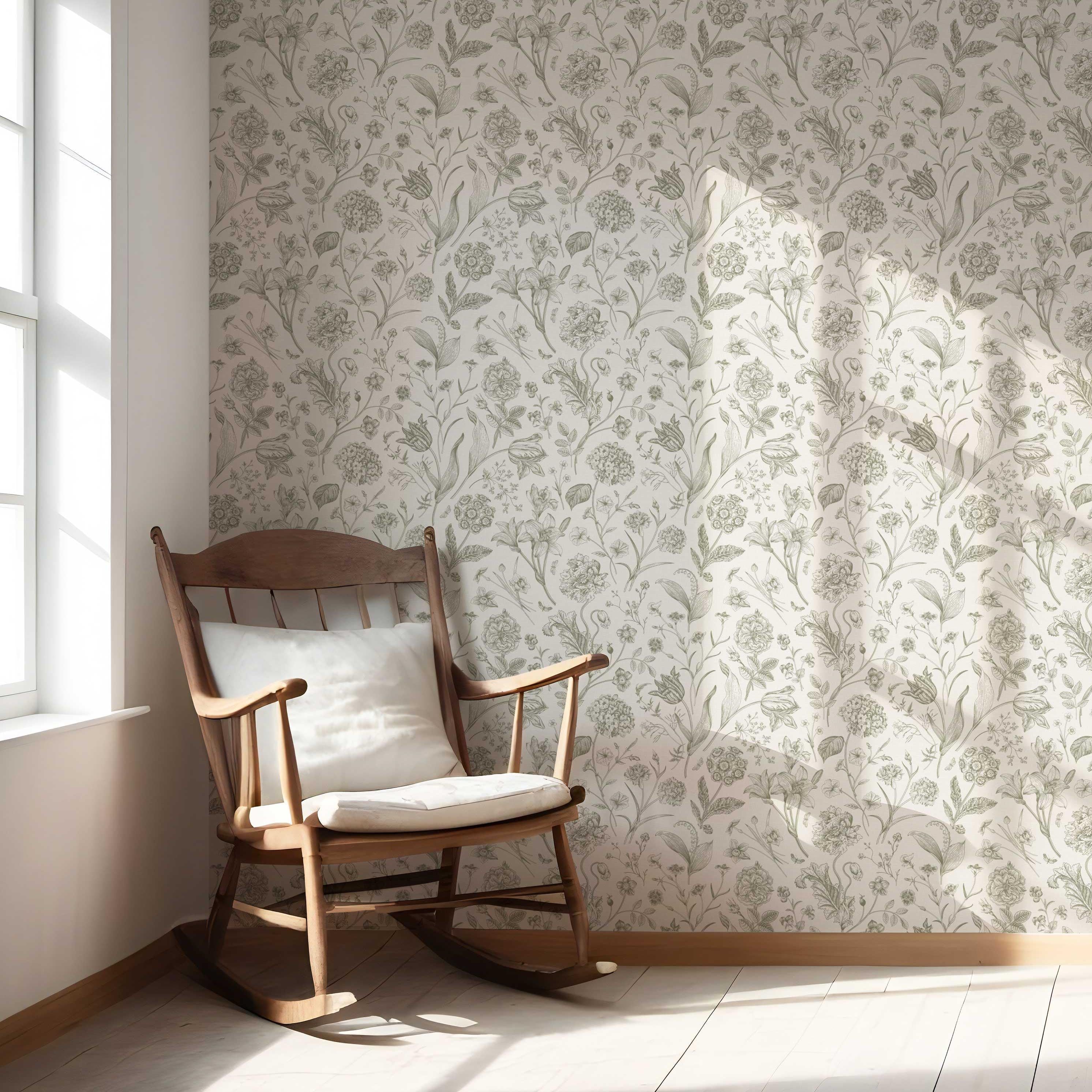 Floral/ Botanical Nursery Wallpaper (Olive Green)