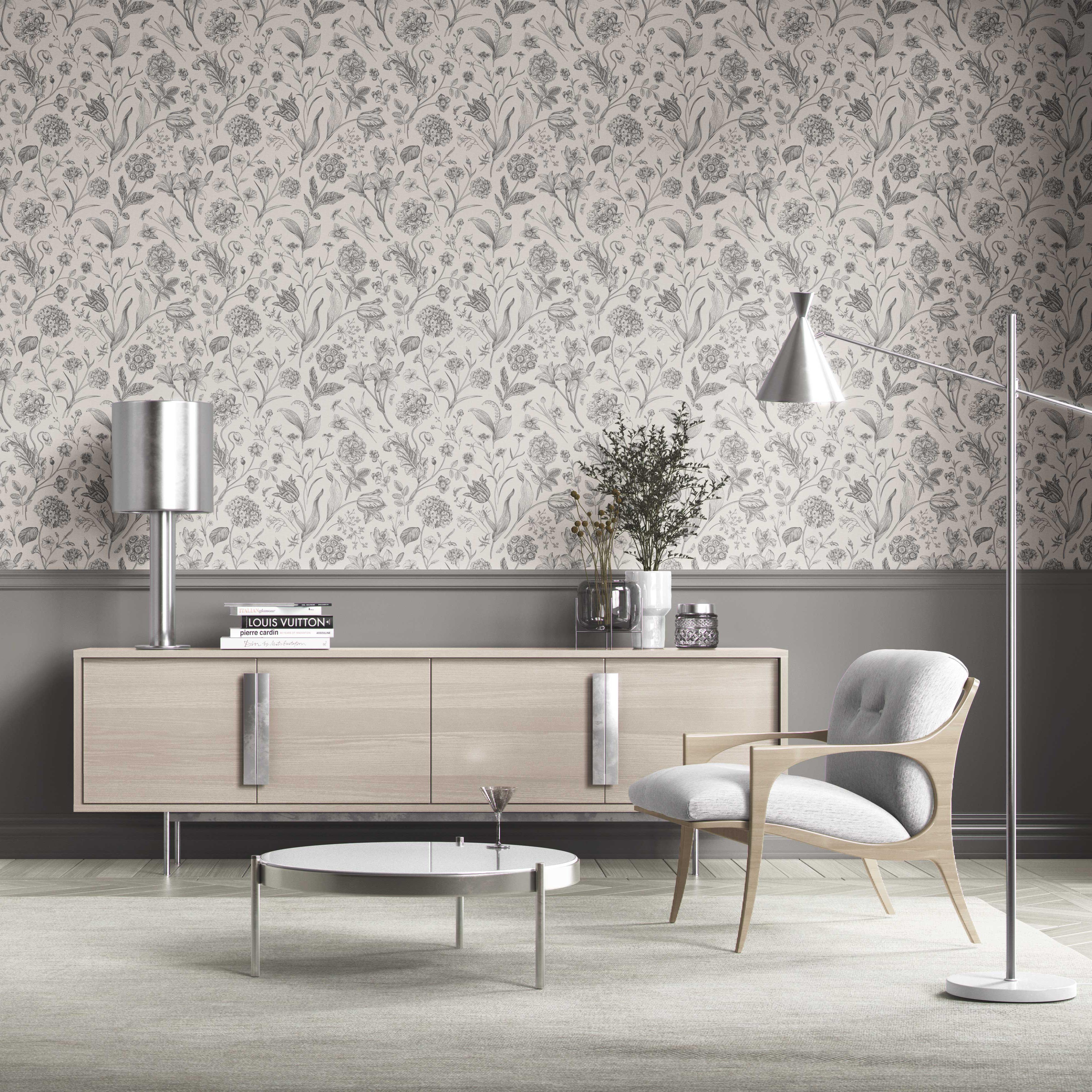Neutral Floral/ Botanical Kitchen Wallpaper Sample (Metallic Gray)