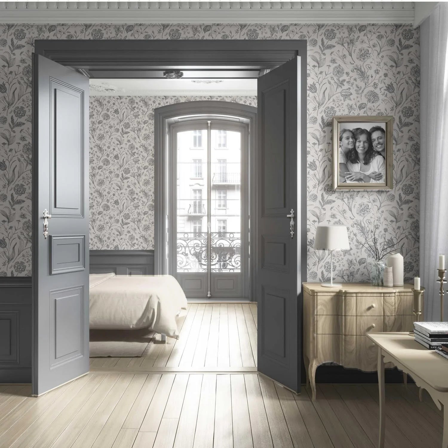 Neutral Floral/ Botanical Living Room Wallpaper Sample (Metallic Gray)